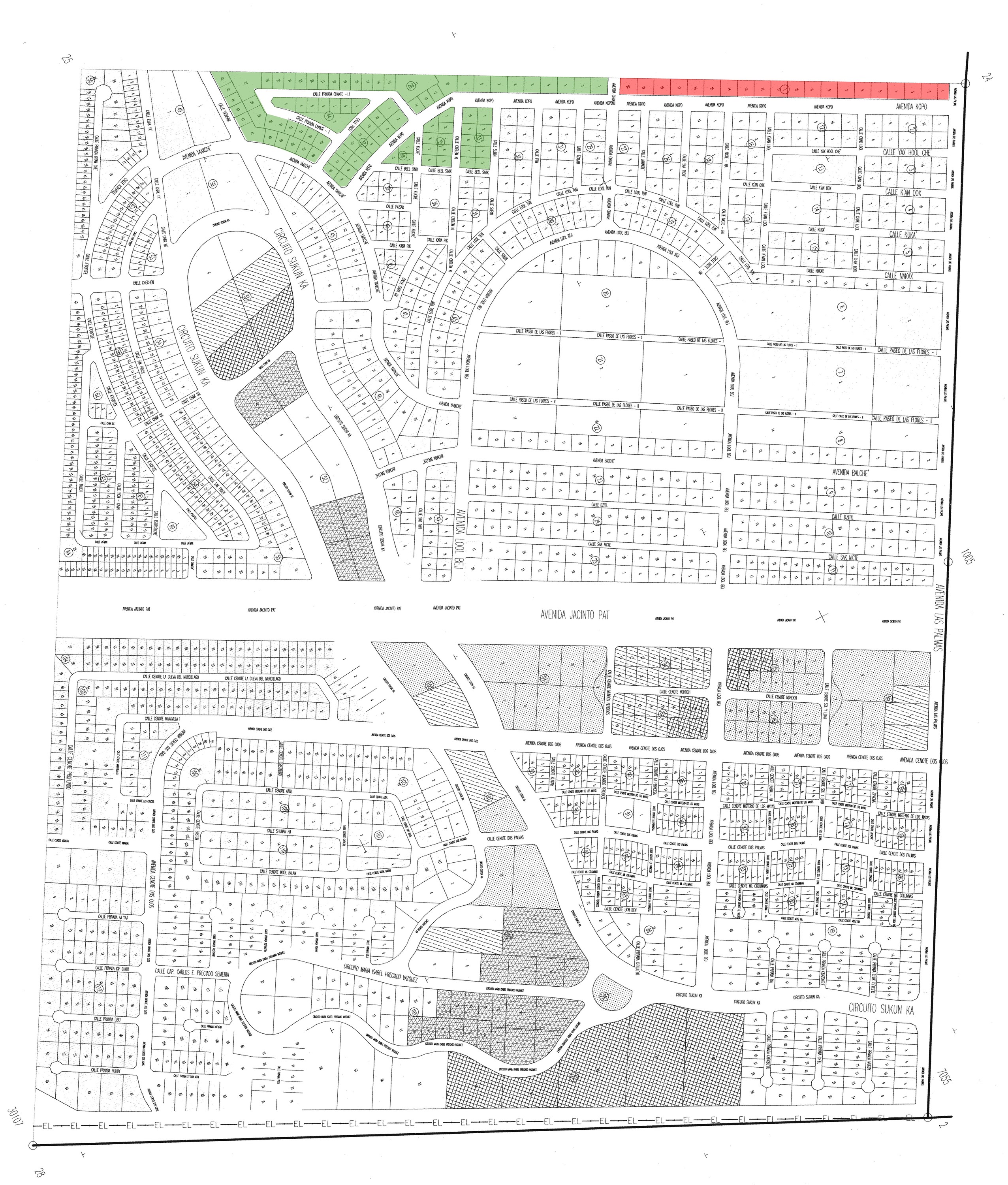 Full general subdivision drawing surrounding Aldea Xcacel, showing dozens of numbered blocks with the ninety-two Aldea Xcacel lots highlighted green along the top edge and a second band of twenty lots highlighted red on the same avenue
