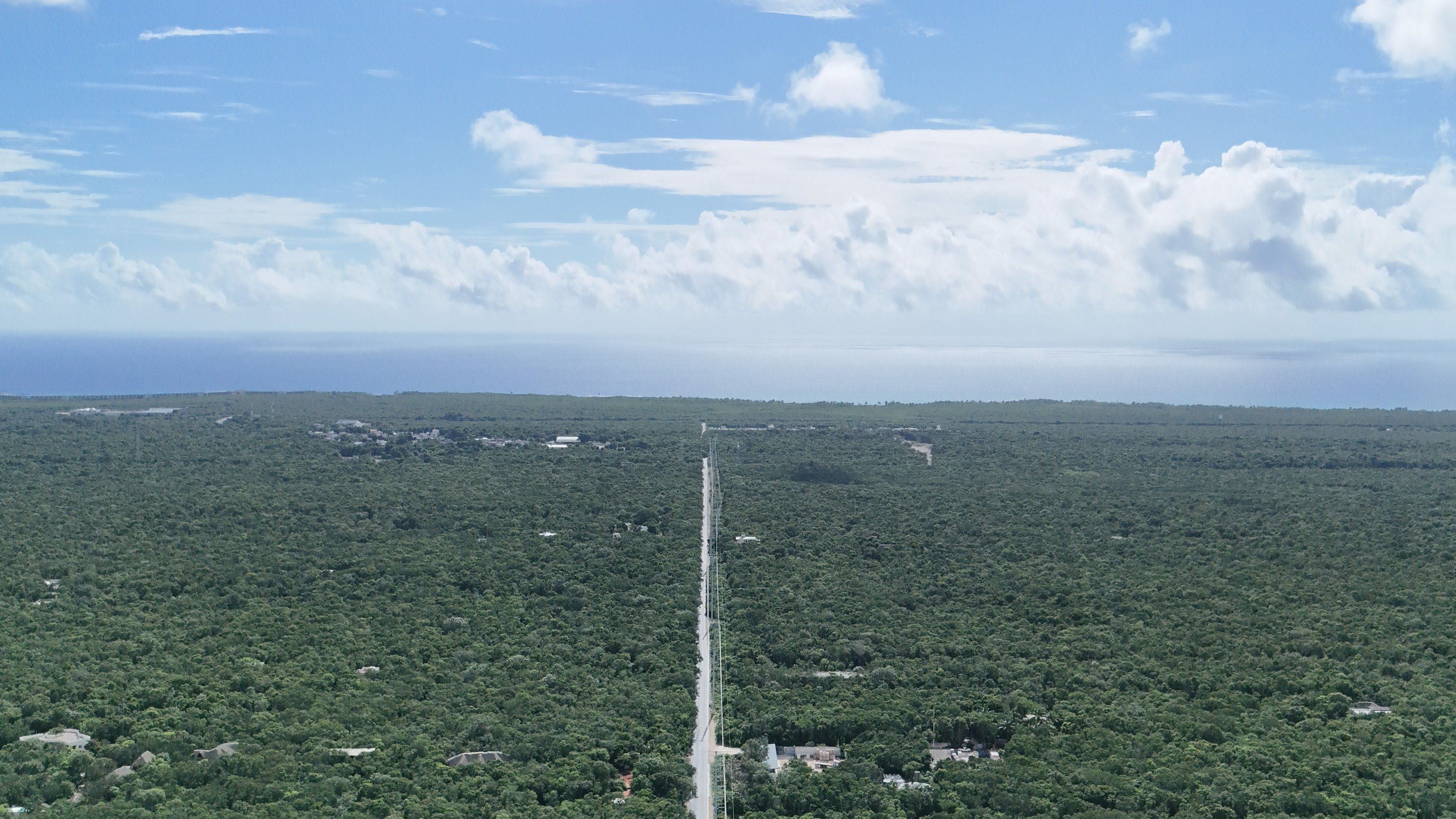 Aerial photograph of a limestone track cut straight through unbroken jungle canopy at Aldea Xcacel, near Chemuyil, Quintana Roo