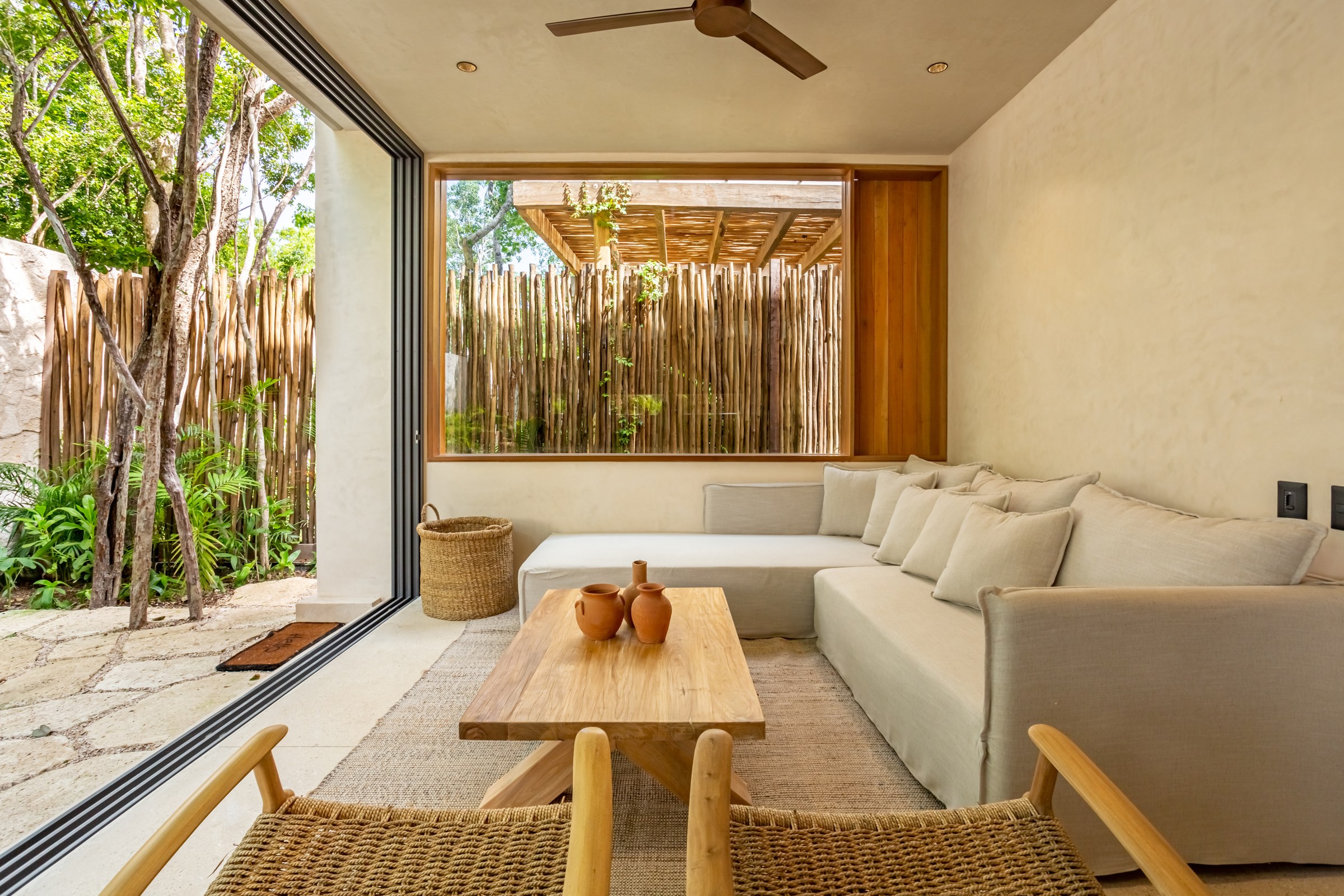 Villa Selva living room with stone accents