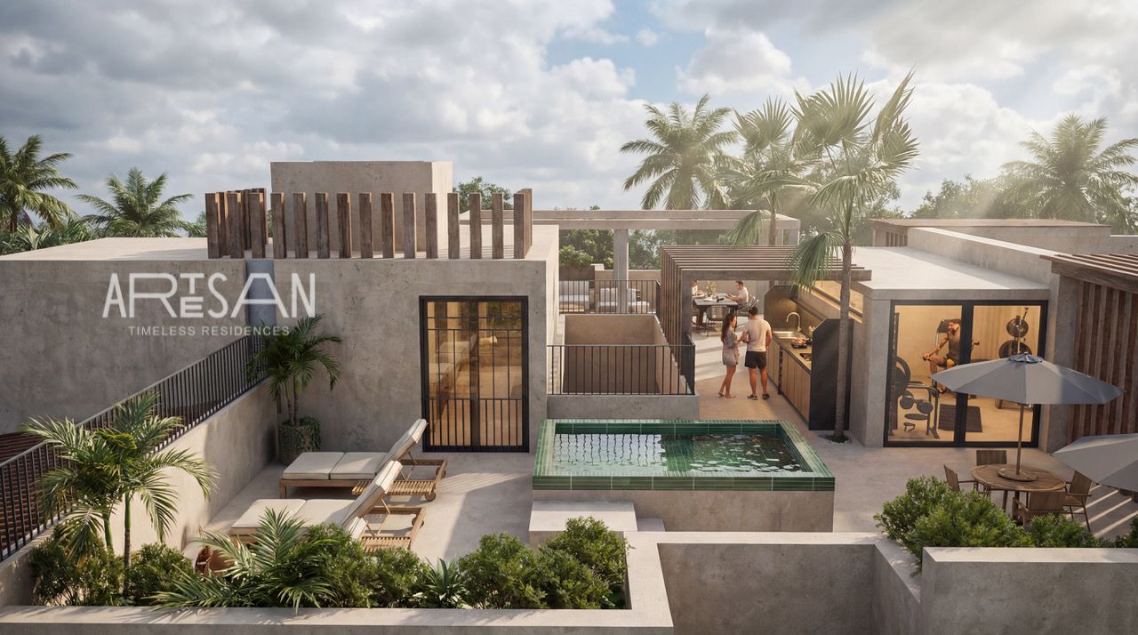 Roof-level plunge pool, lounge and gym render at Artesan