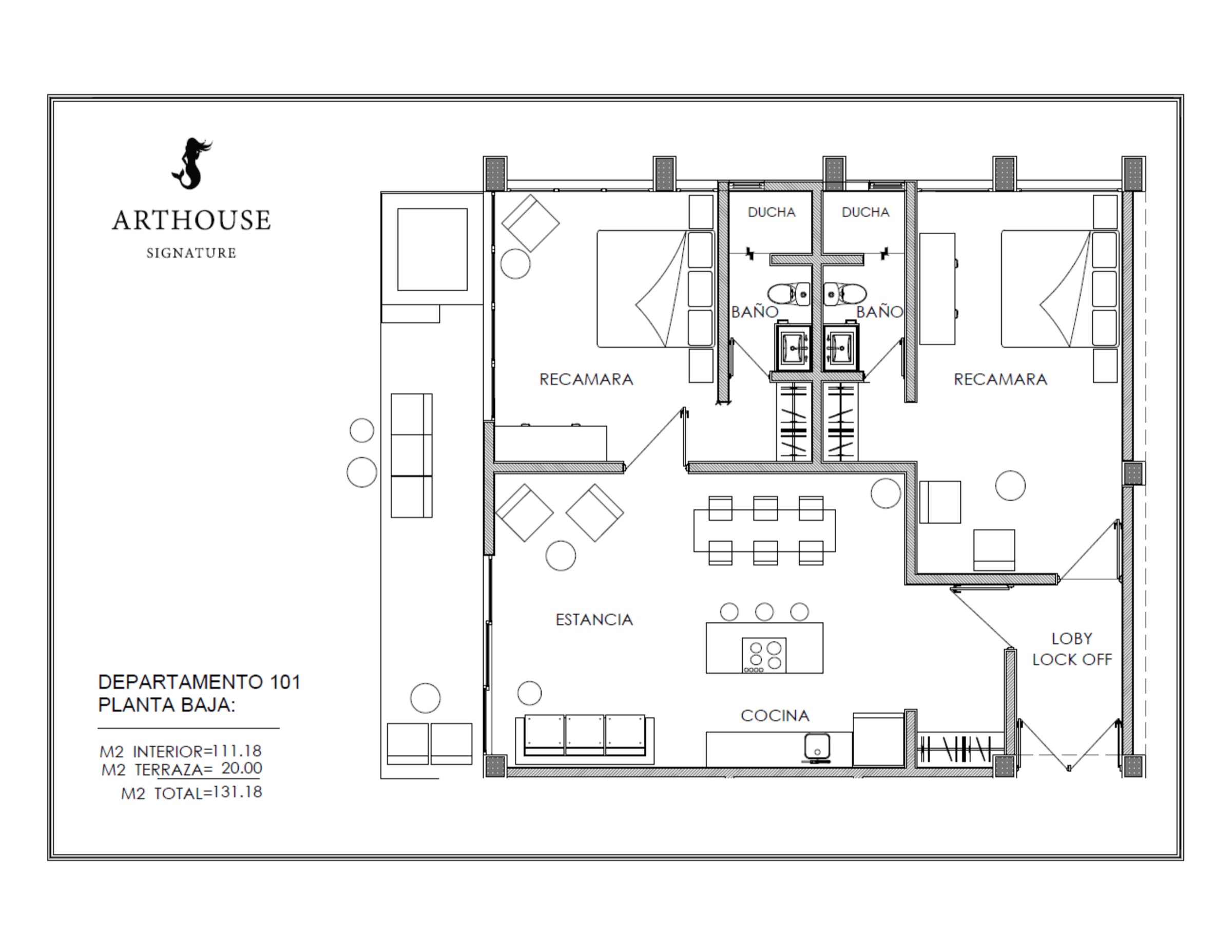 Developer floor plan of apartment 101 at Arthouse Signature, showing two bedrooms, a living area and a lock-off lobby