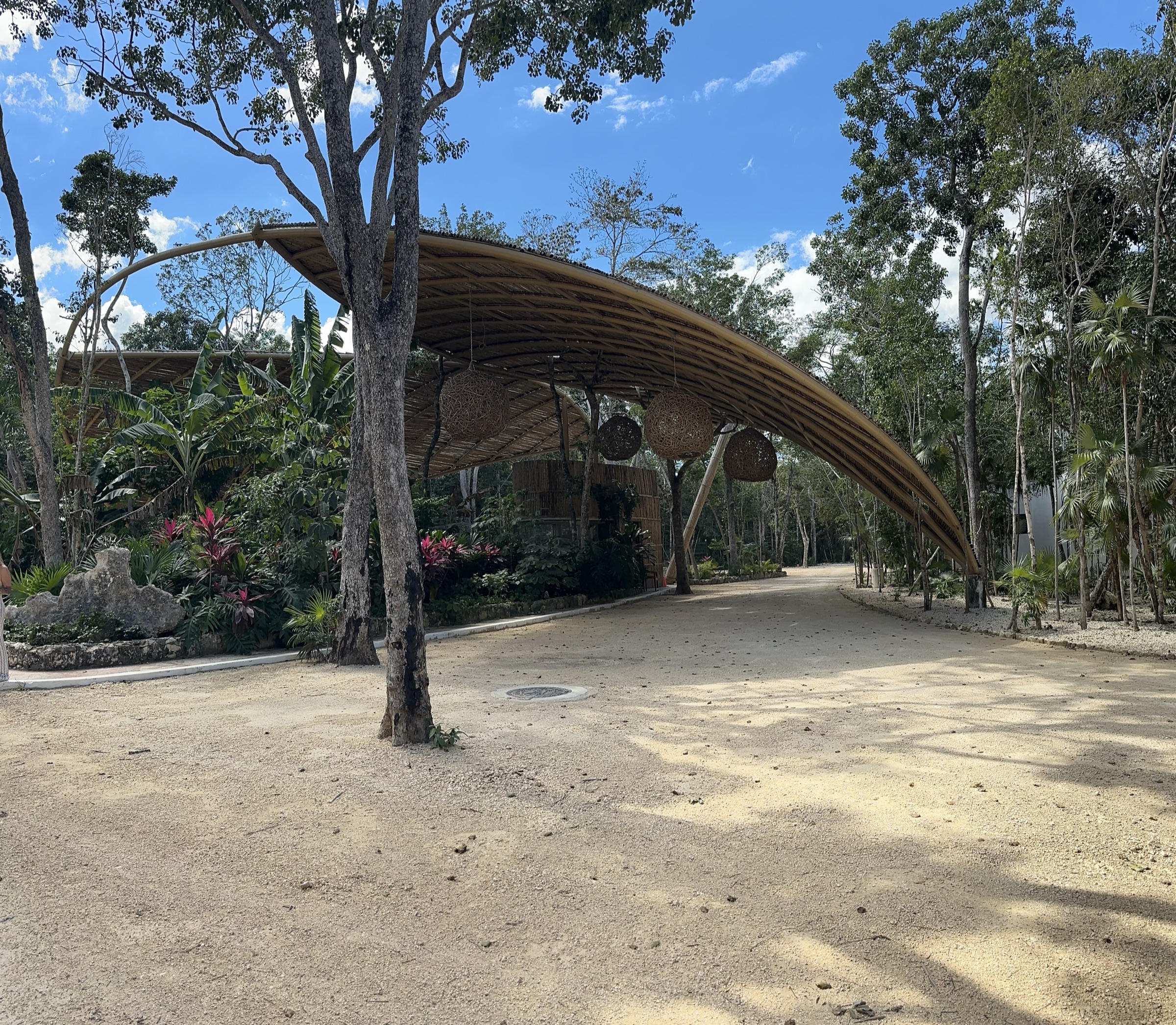 Ground-level view of the bamboo pavilion and the compacted-earth road leading into Axkaba
