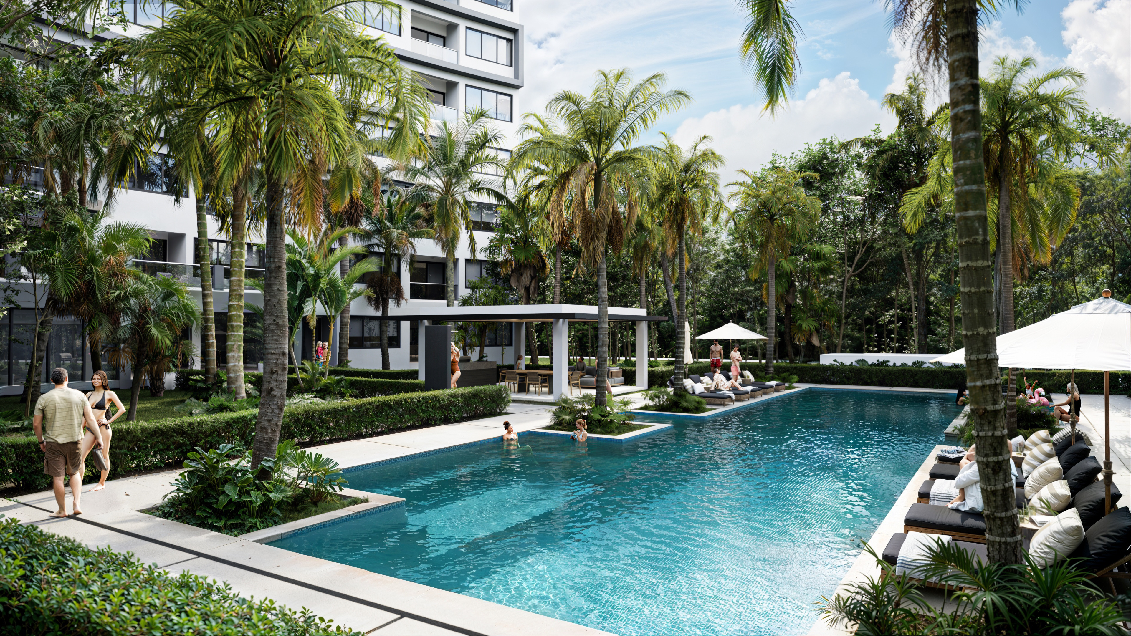 Render of the planned pool deck at Bosques Roble, with the tower in the background