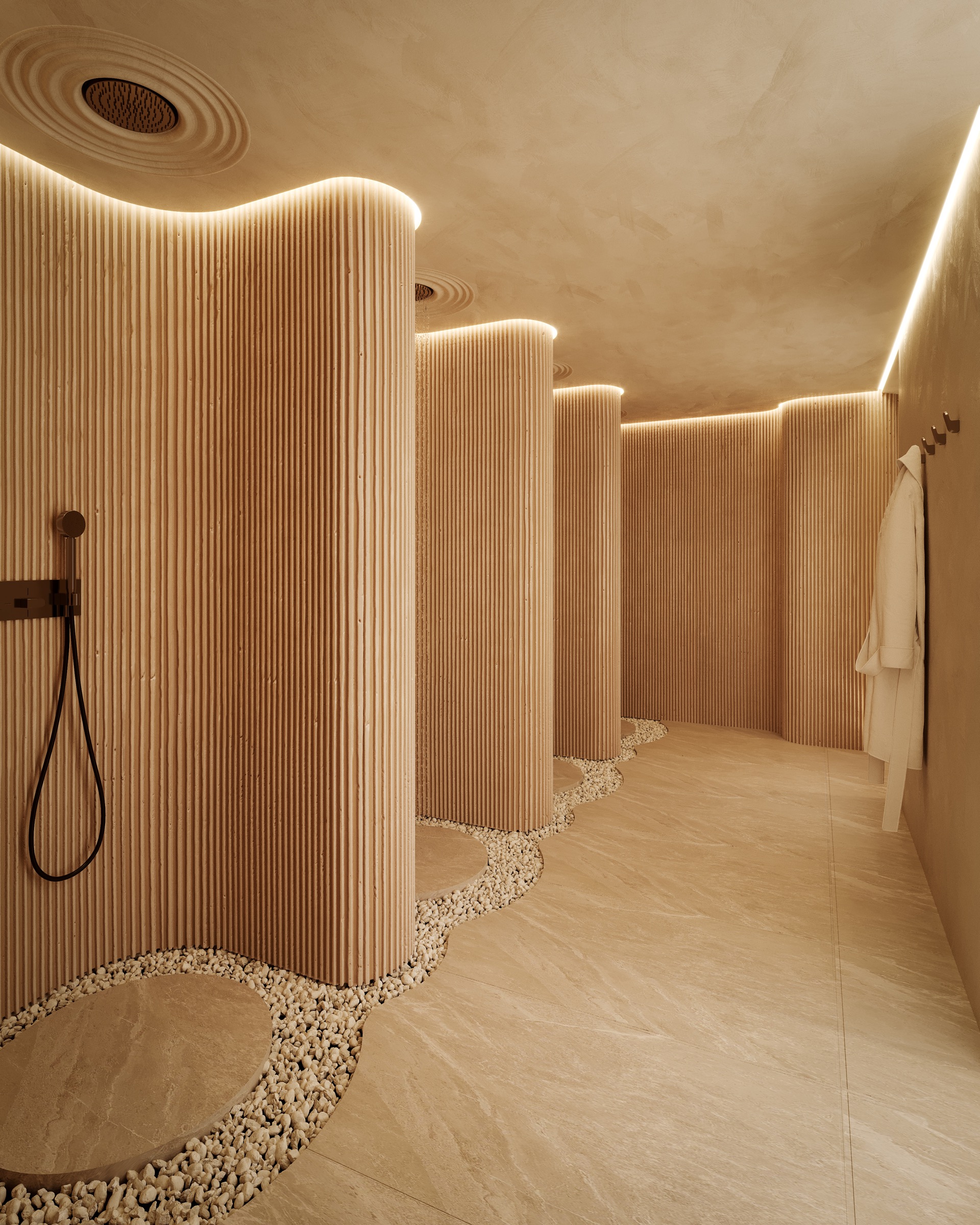 Shared spa shower corridor, render