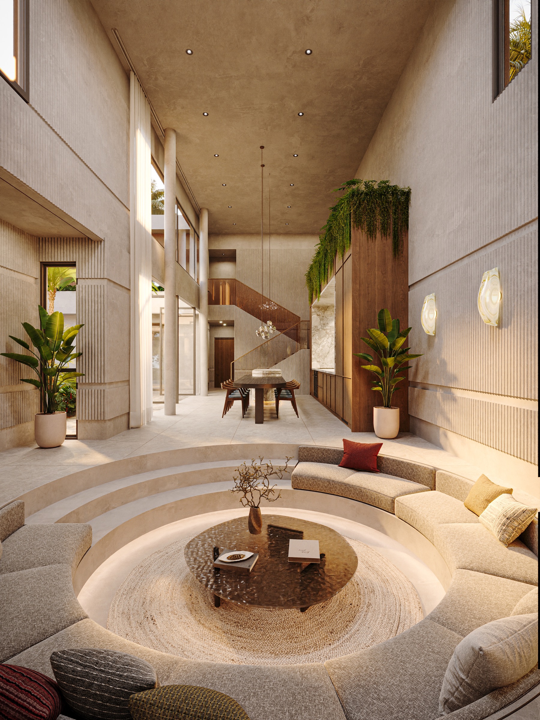 Templo mansion dining table beneath a hanging light fixture, render