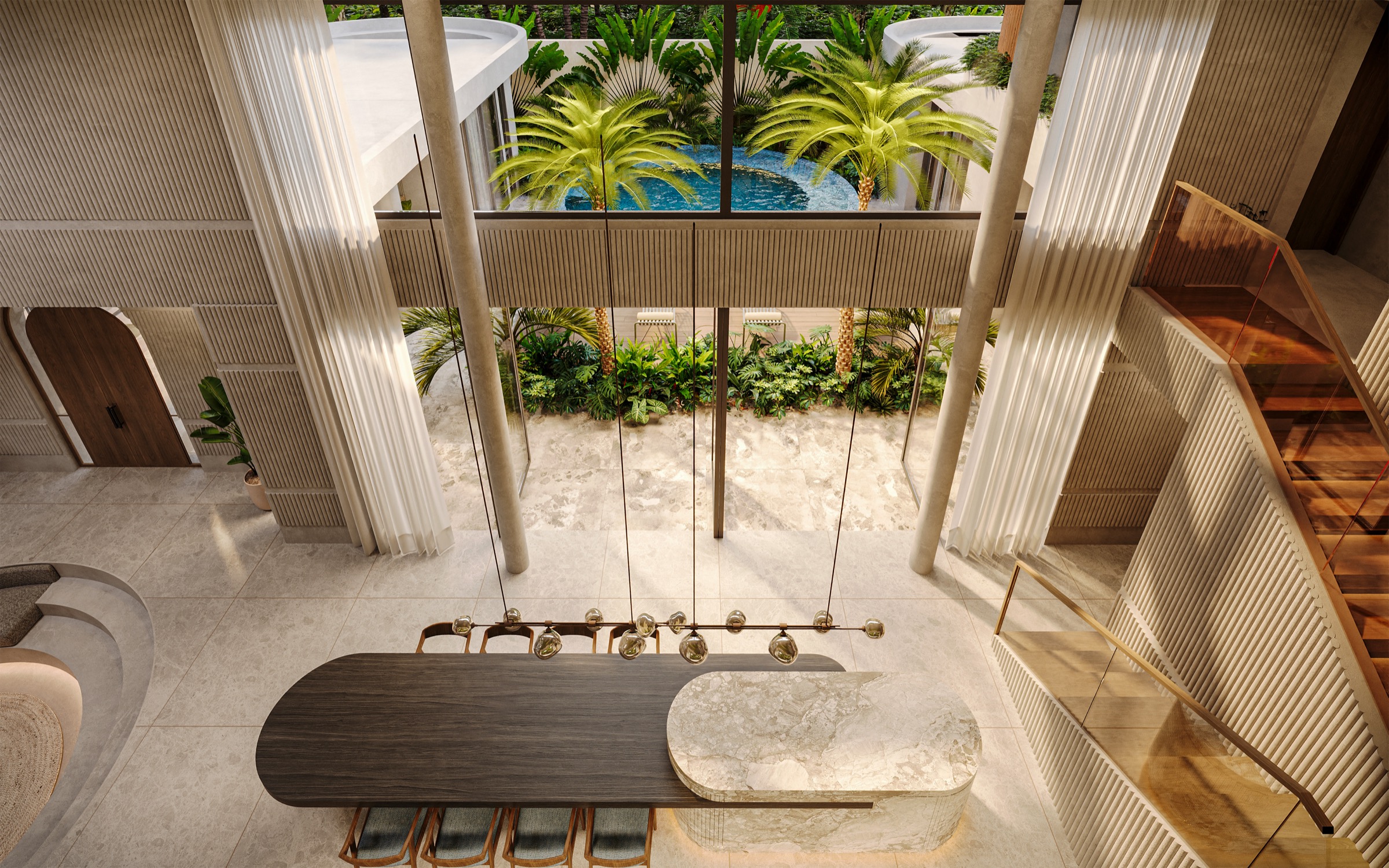 Templo mansion stairwell overlooking the pool, render