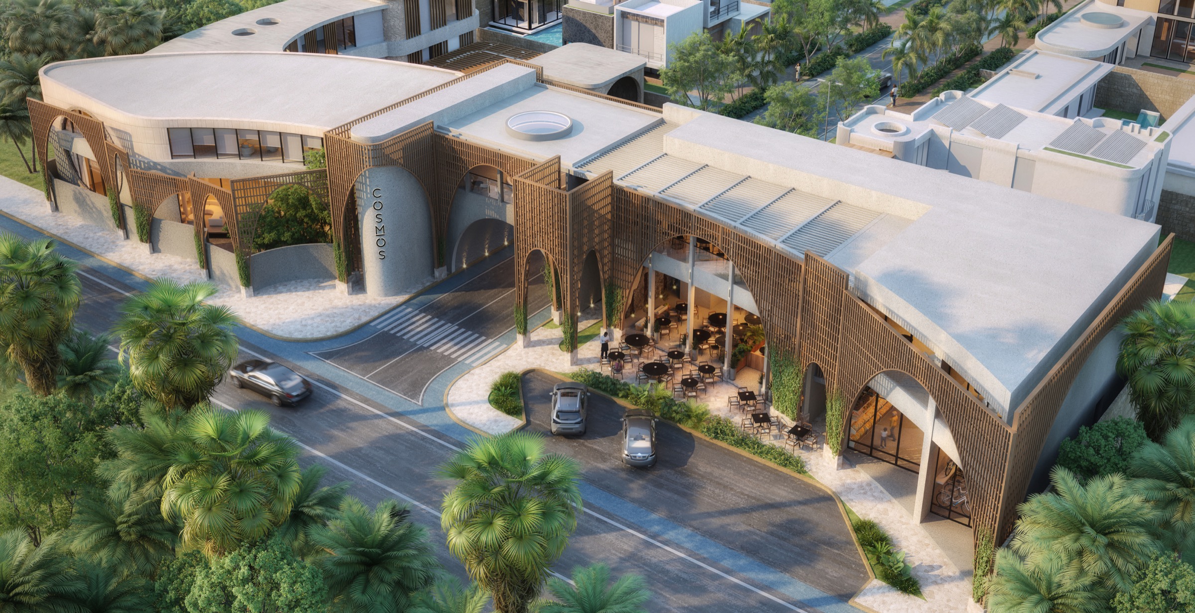 Rendering of the COSMOS by AMARI entrance and ground-floor commercial arcade