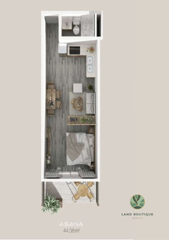 Floor plan of the Asana unit type, 44.38 m², the type unit 109 is built to