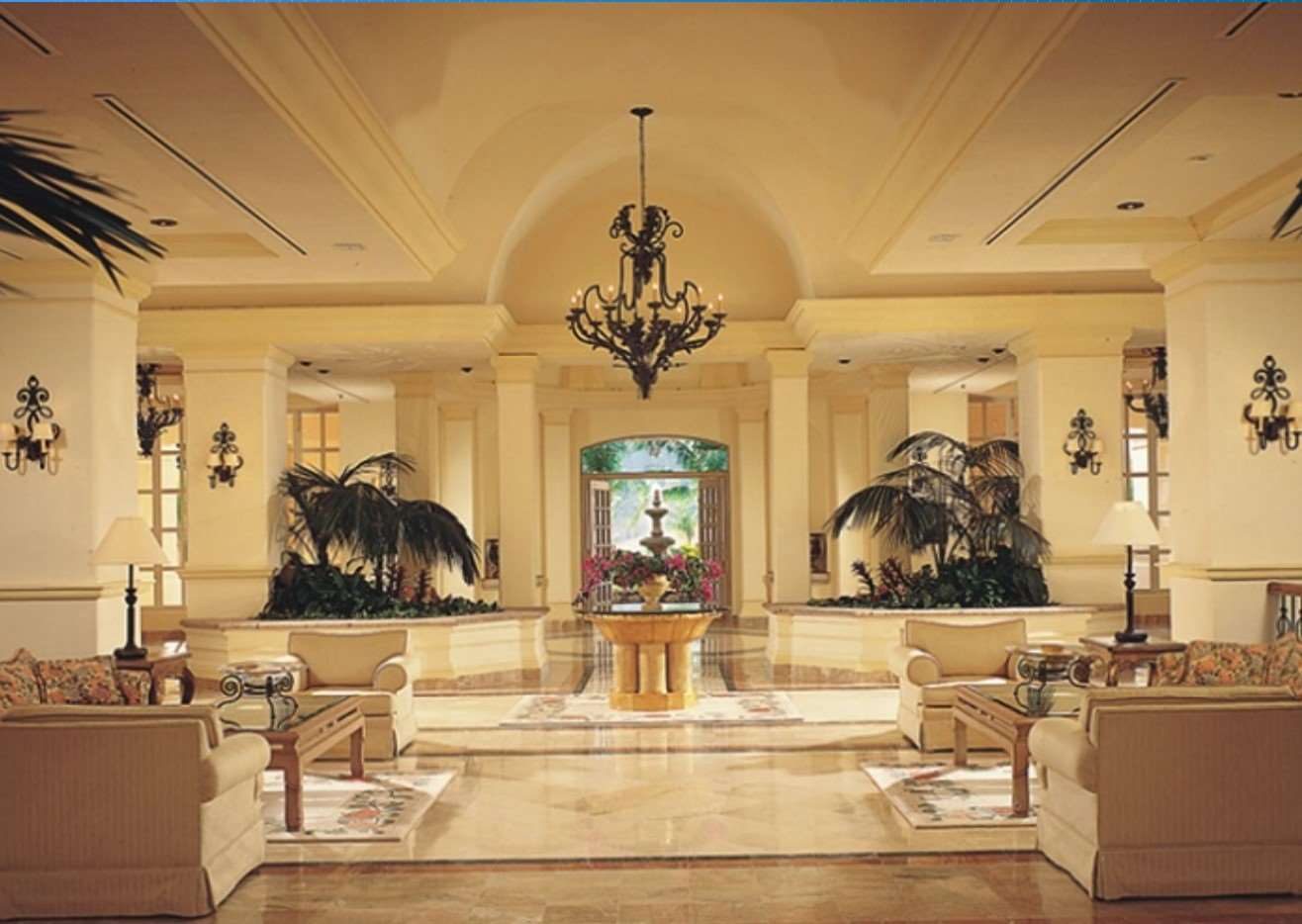 Hotel lobby with chandelier