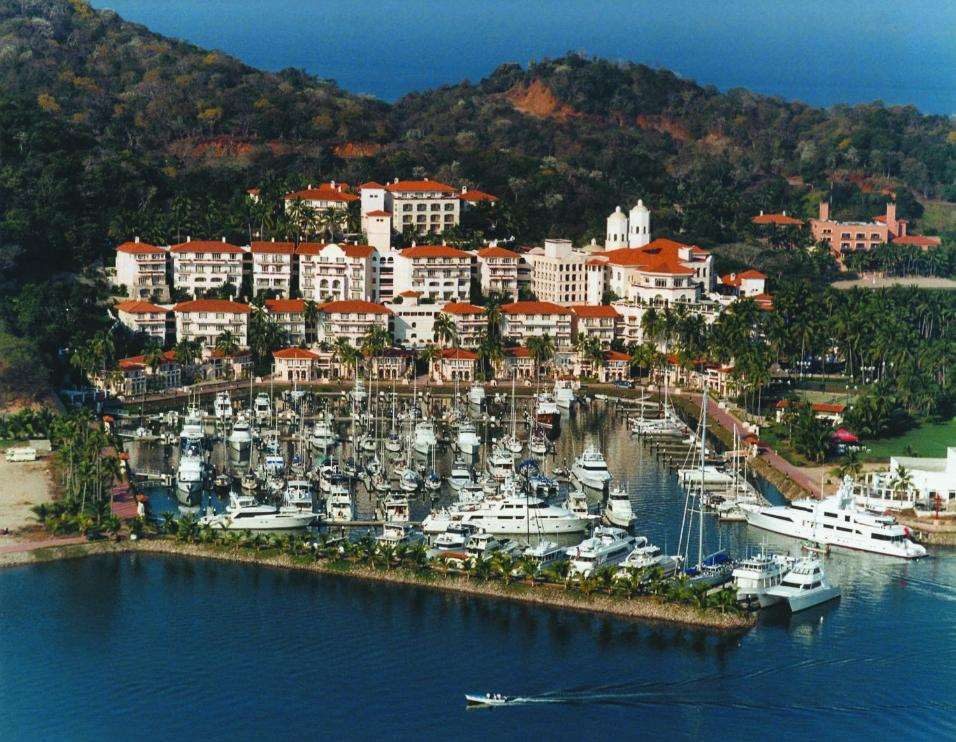 Aerial of the Grand Bay hotel above the Puerto de la Navidad marina