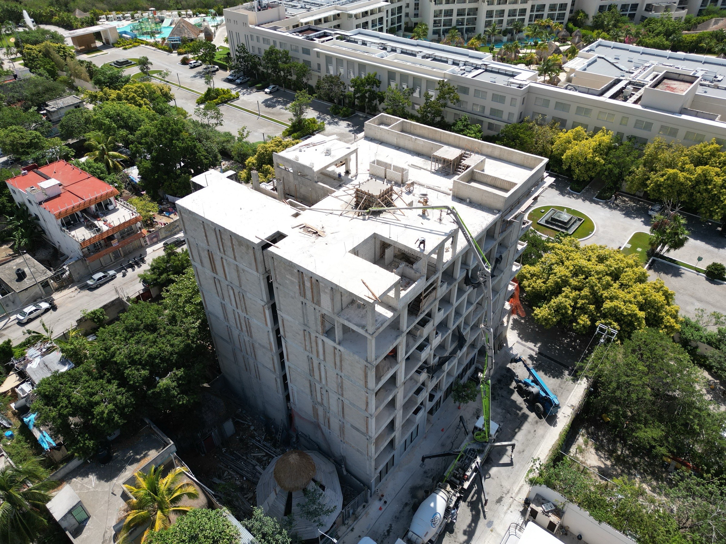 MAIA under construction on Quinta Avenida, Playa del Carmen, 7 August 2026, aerial view