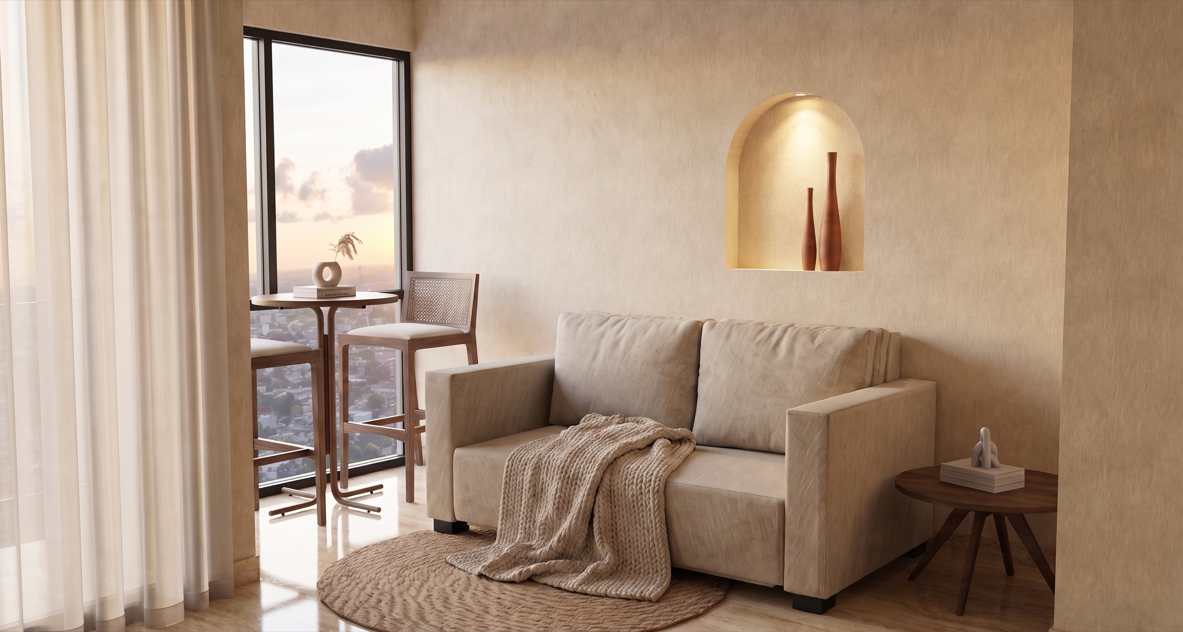 Developer render of a finished Studio A living area at MAIA