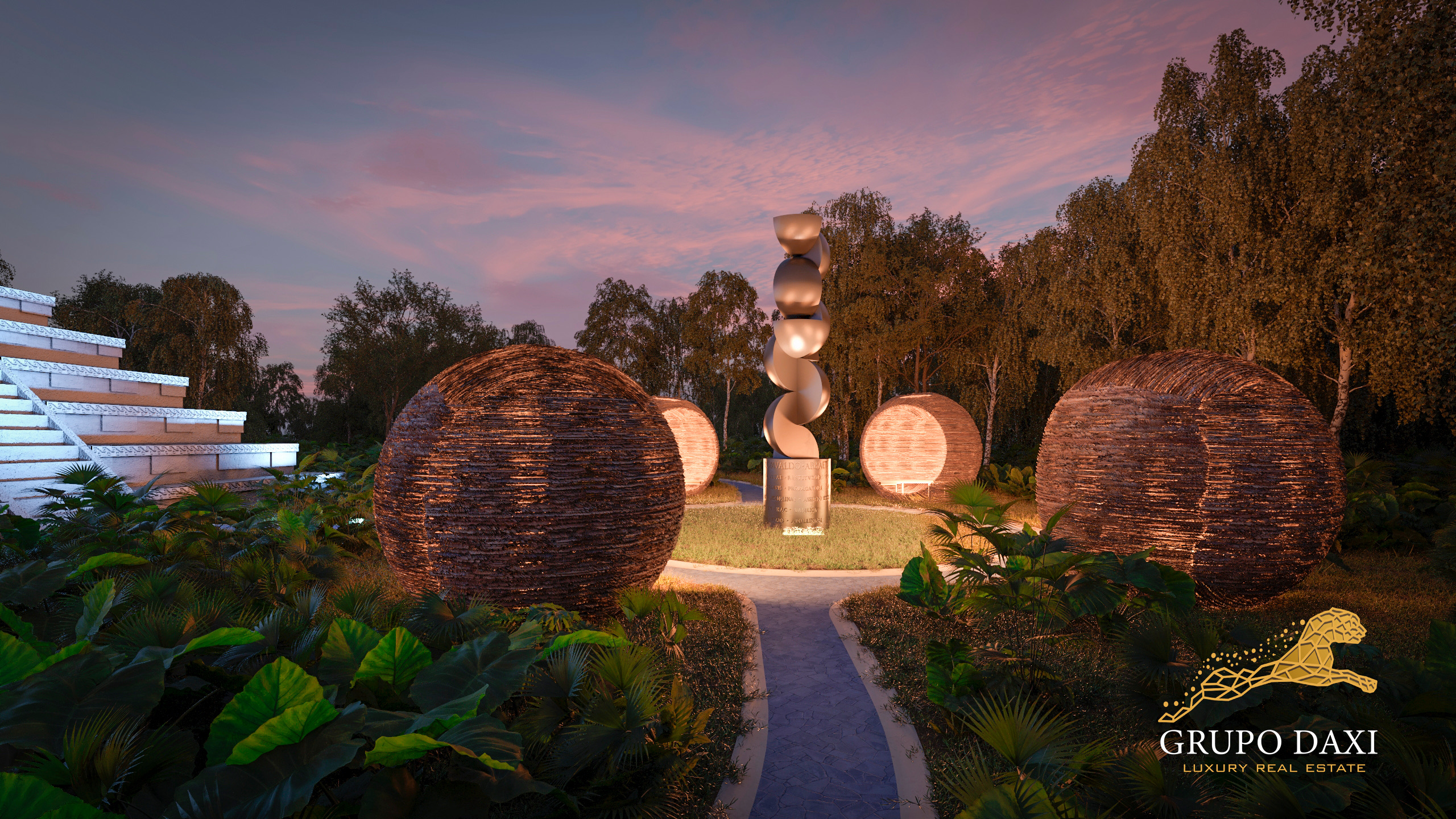 Render of the sculpture plaza at Mukta Residencial at dusk, with the stepped pyramid lit behind it