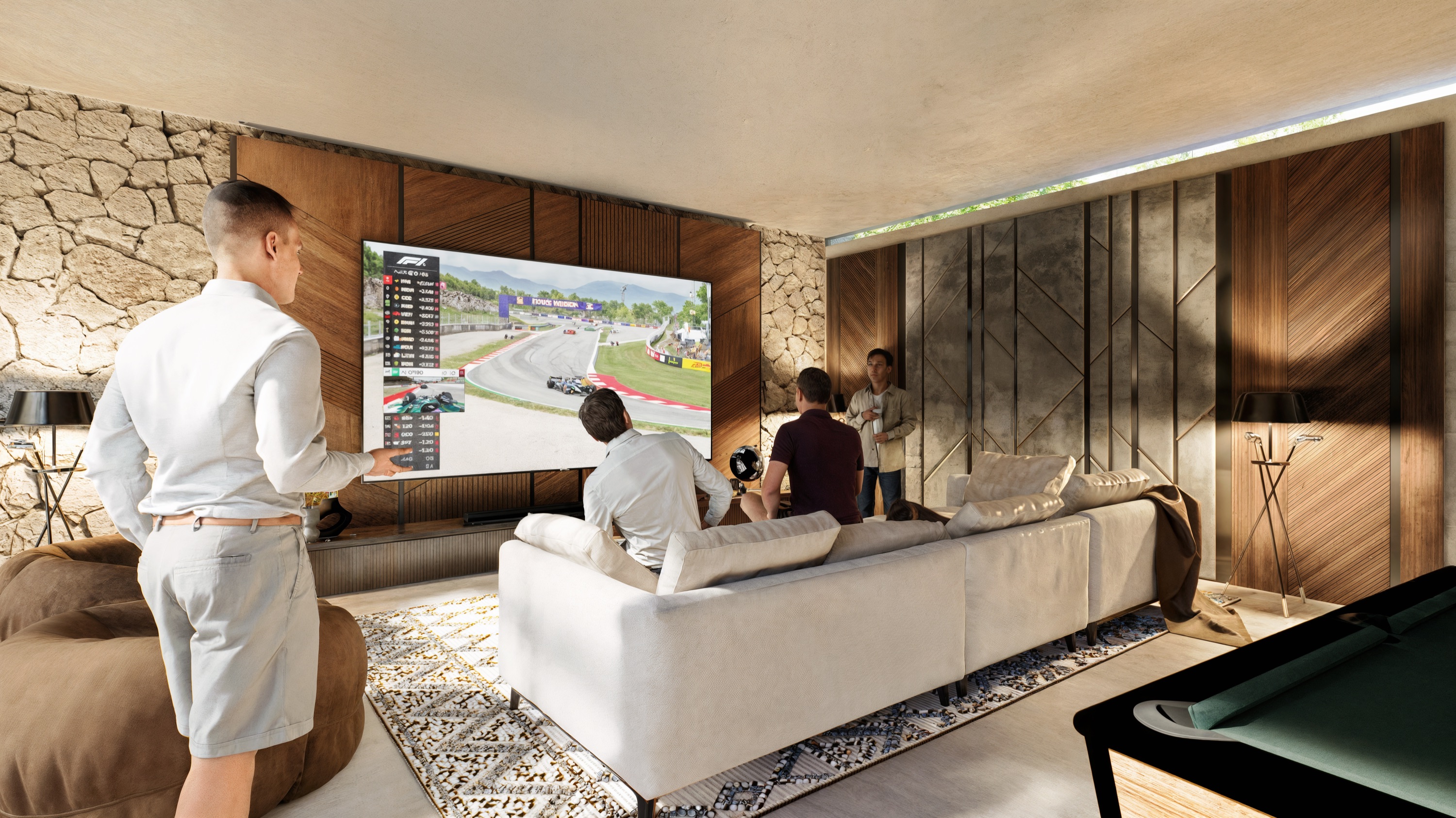 Render of the clubhouse game room with a pool table and lounge seating
