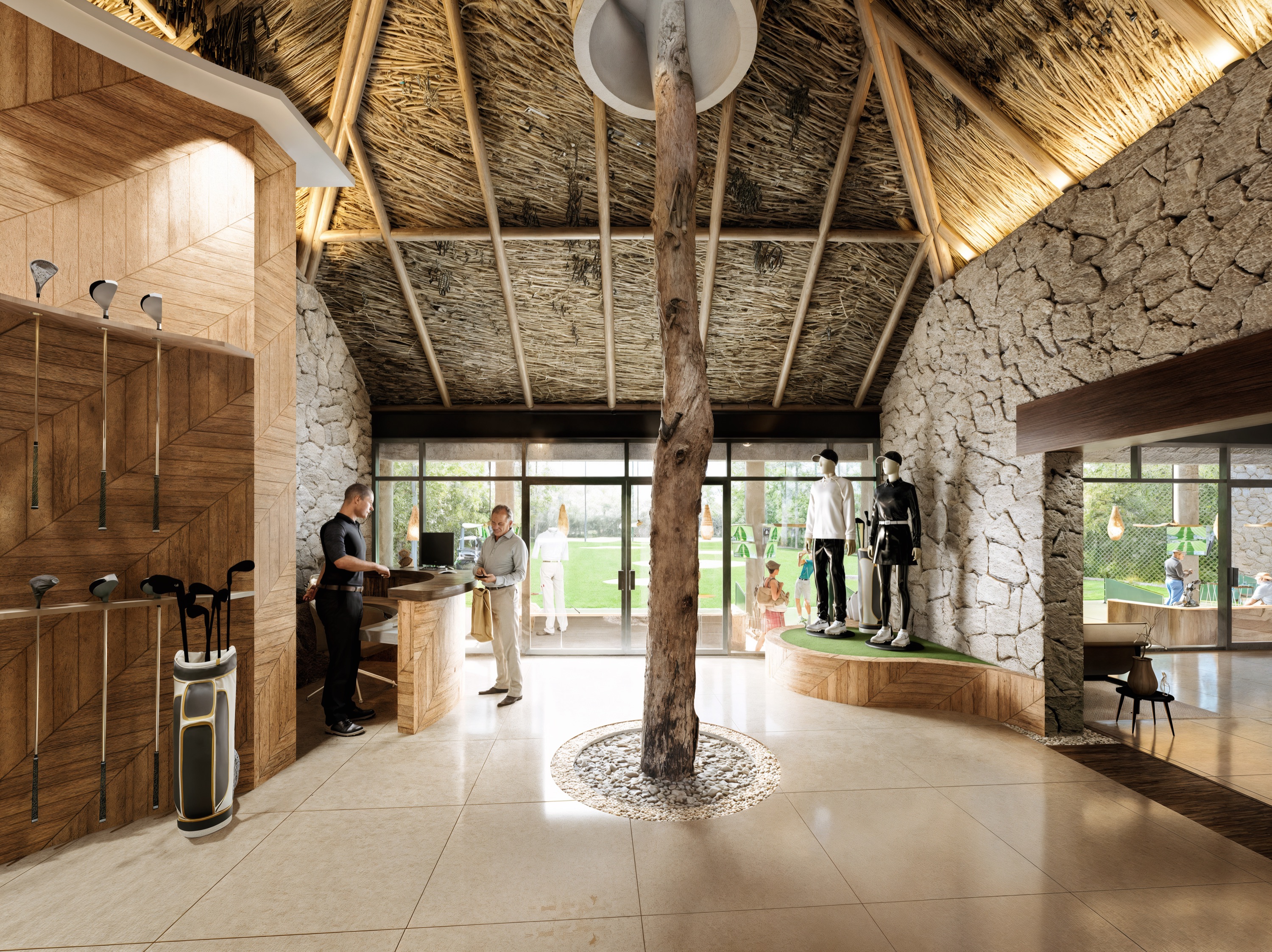 Render of the golf pro shop interior under a thatched roof