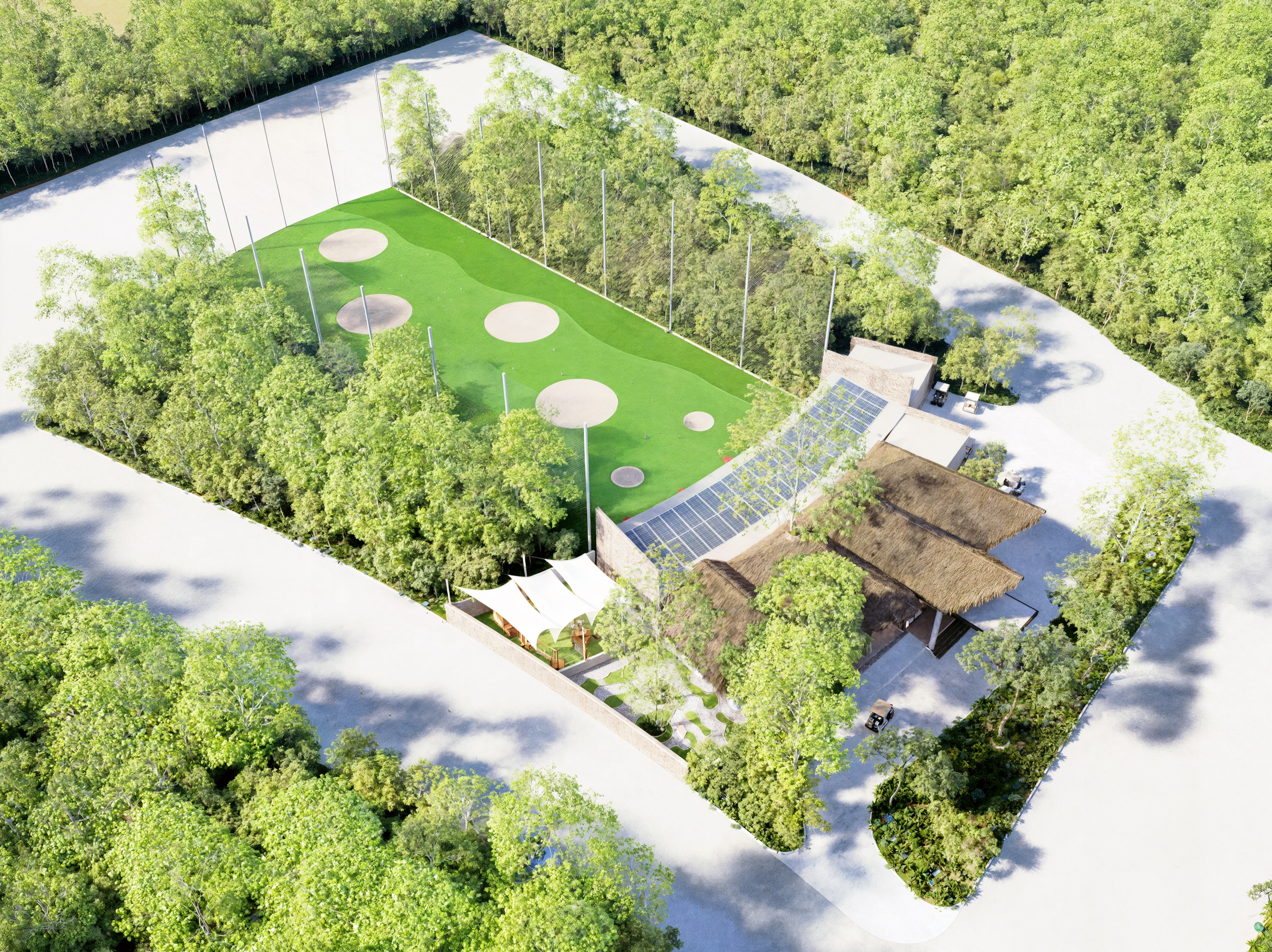 Aerial render of the Mukta driving range surrounded by jungle