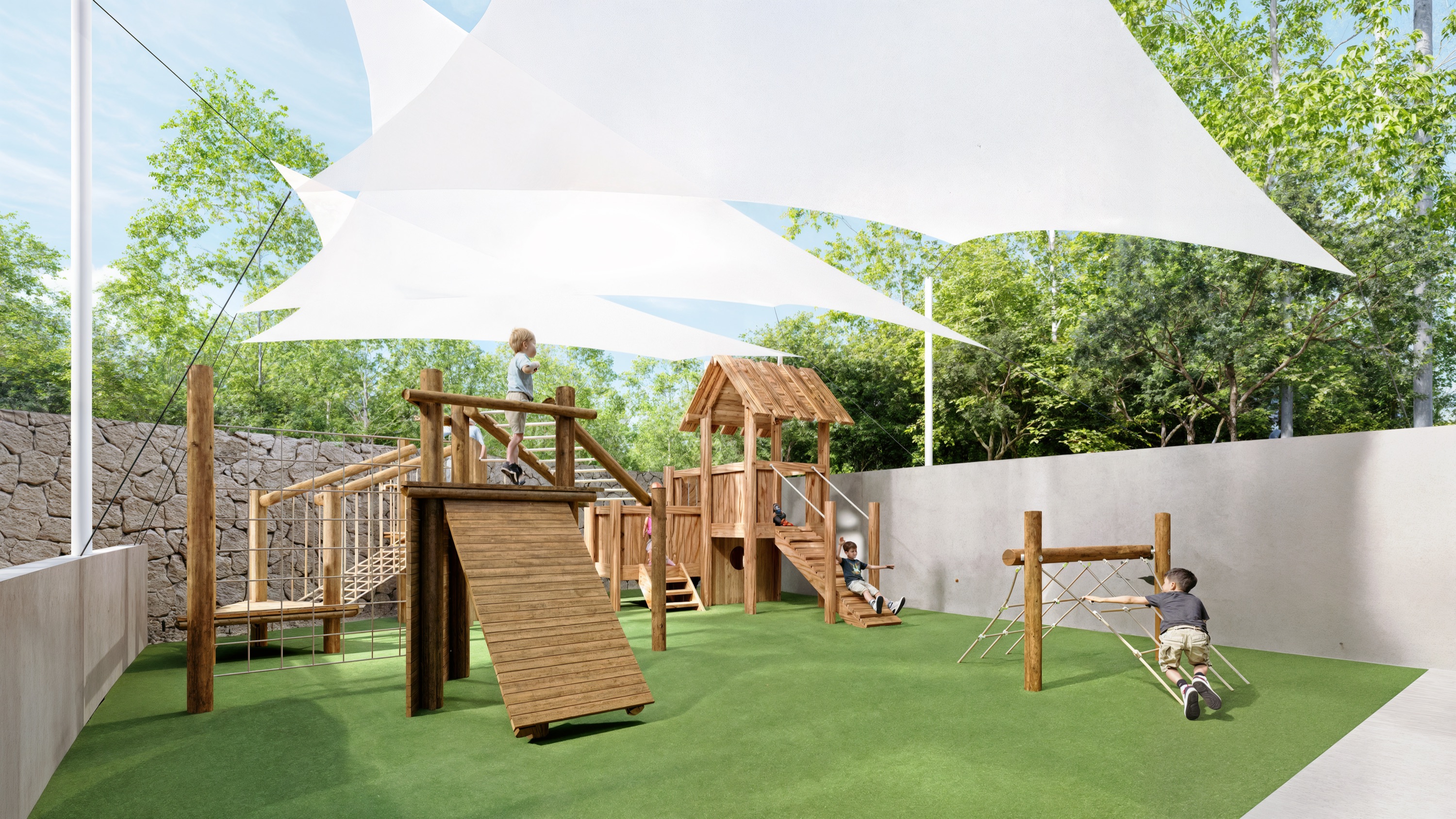 Render of the children’s play area with shade sails and wooden play structures