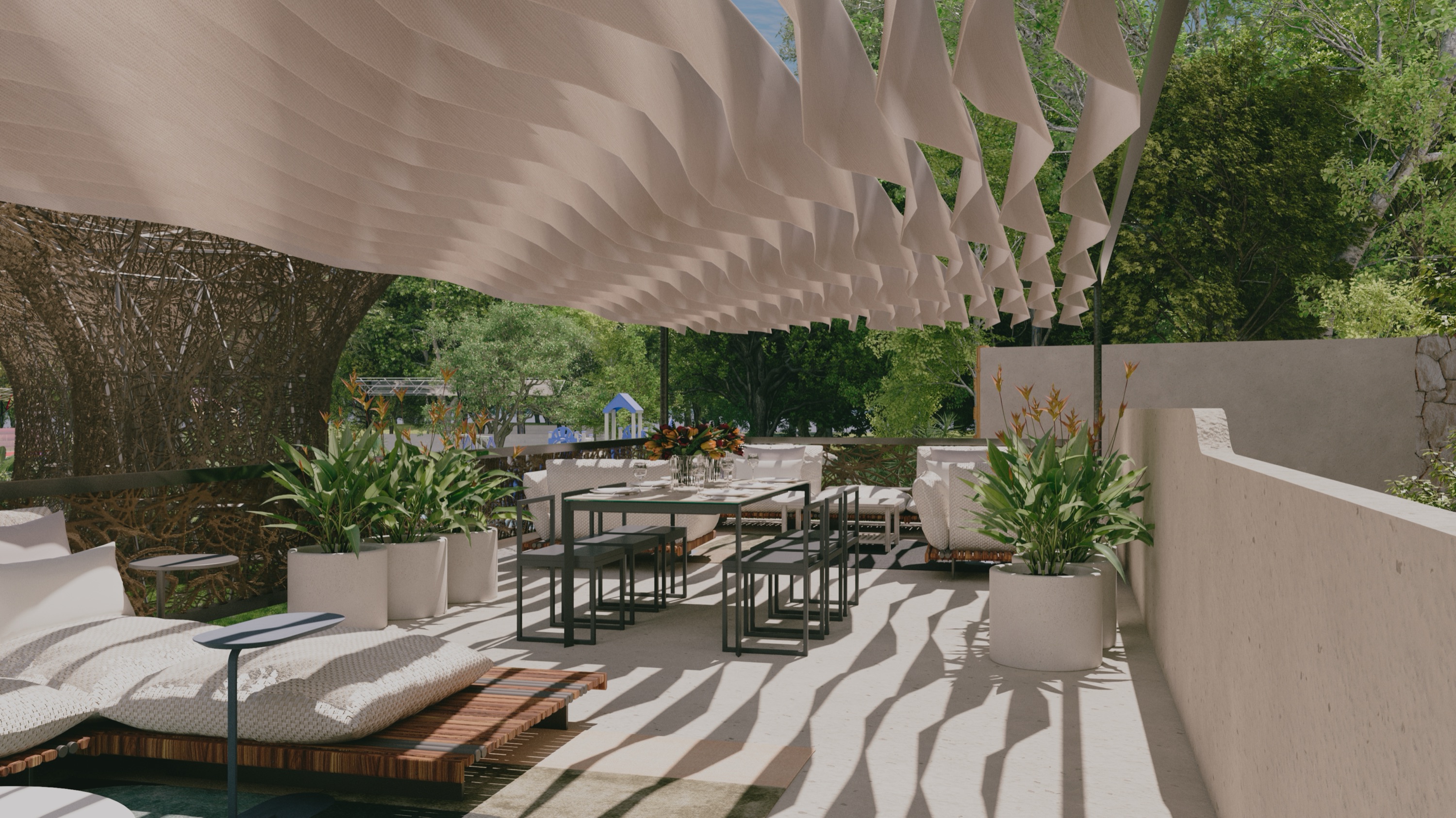 Render of a shaded terrace with loungers beside a pool
