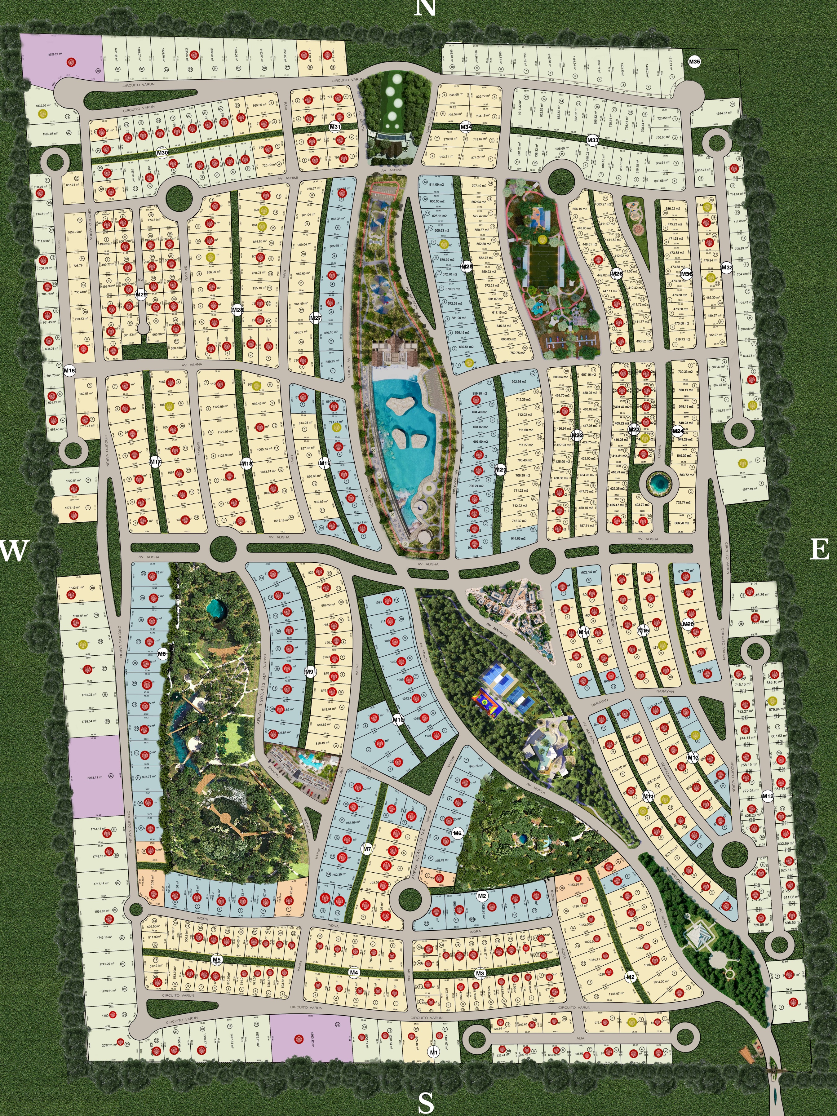 Mukta Residencial master plan, August 2026: platted lots in blocks M1 through M36 around a central cenote, lagoon, park and amenity zones
