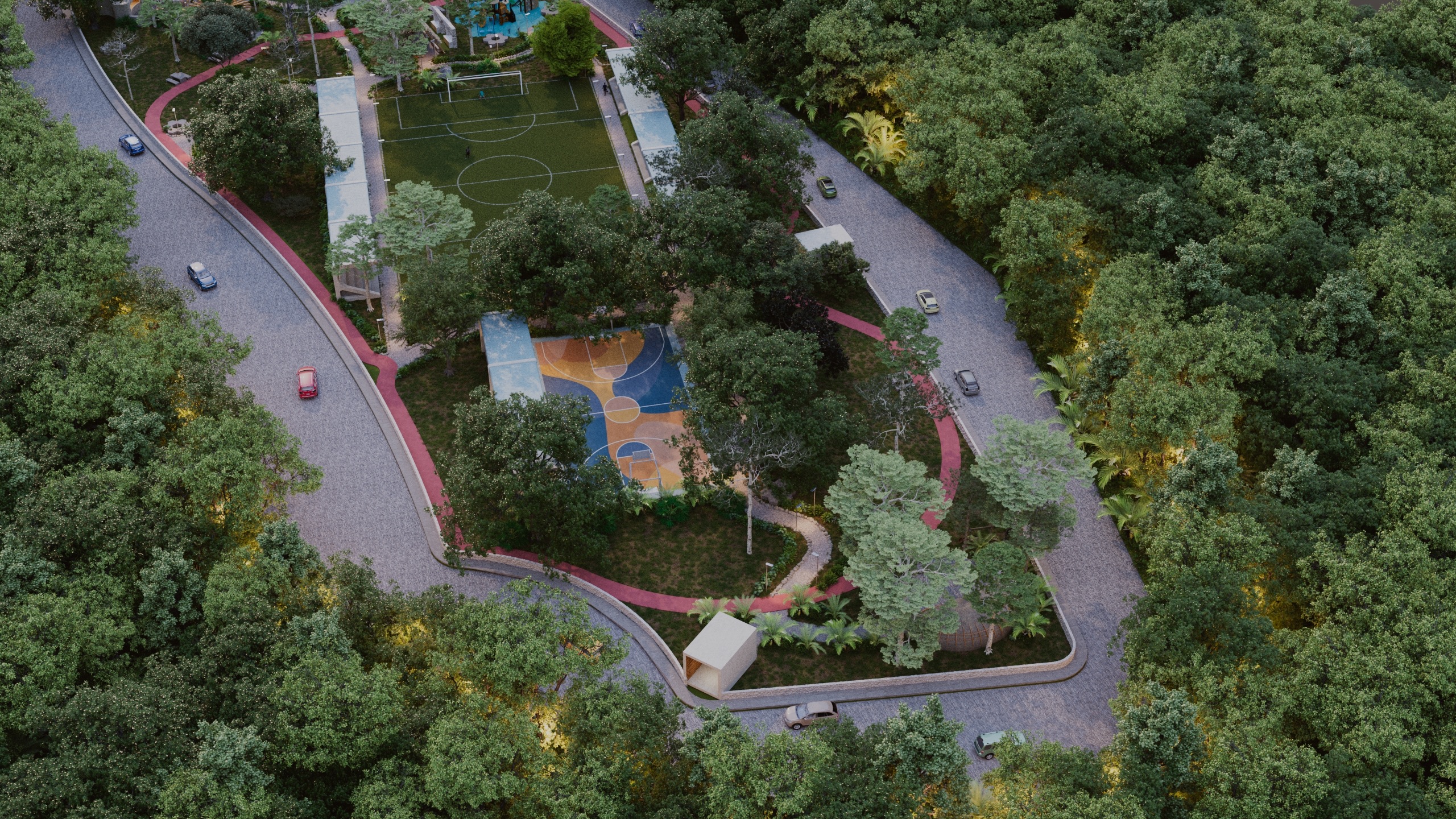 Aerial render of a road curving through dense jungle canopy inside Mukta Residencial