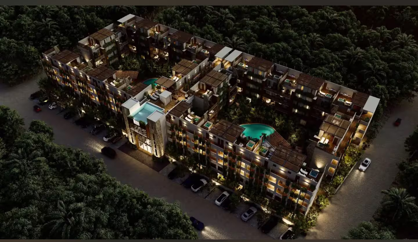 Developer's aerial rendering of Naia Naay Village at night