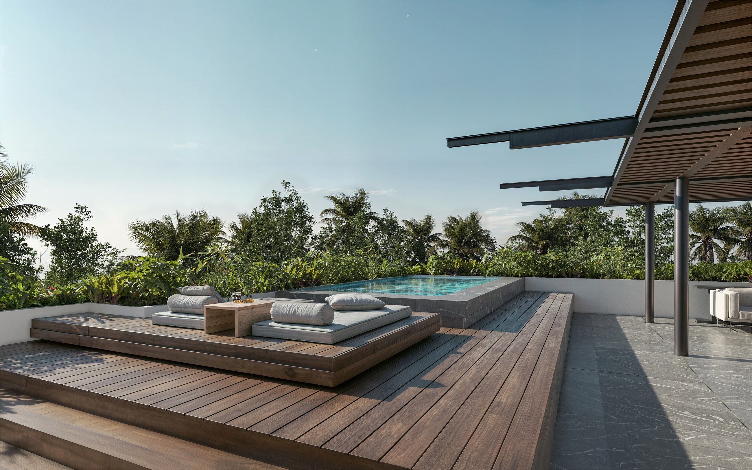Rendering of a penthouse kitchen and living area