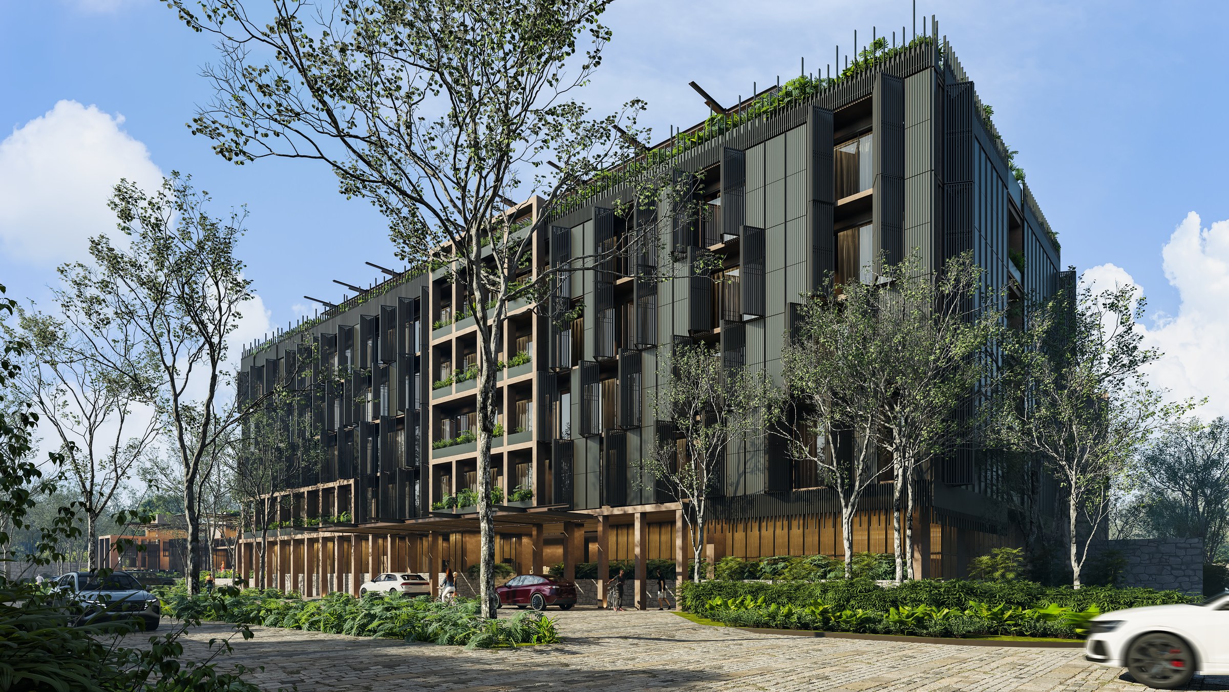 Rendering of the Naomi Selva facade among the trees