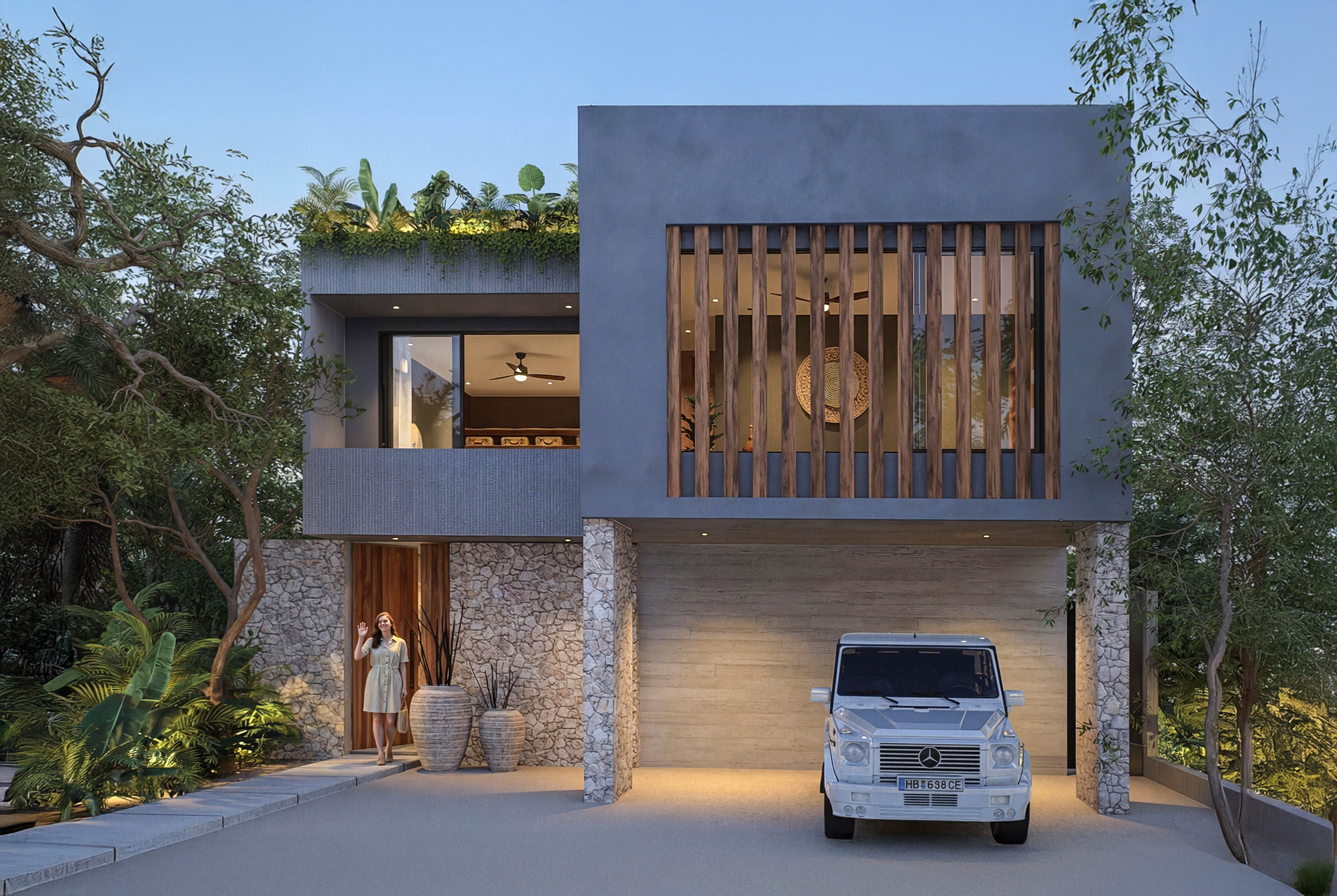 Villa Aura facade render at dusk, Nonai Villas