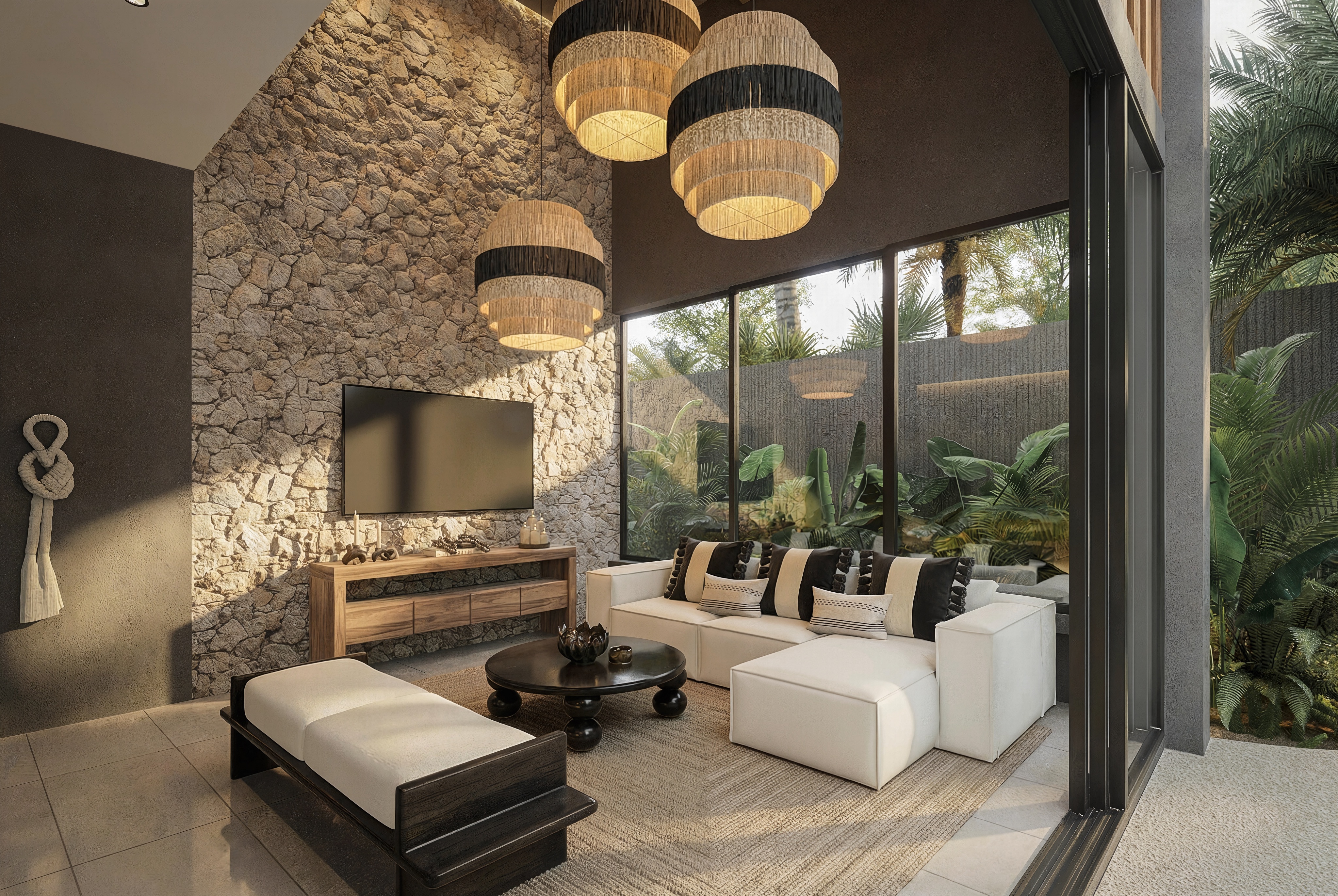 Villa Alma living and dining area render with stone accent wall