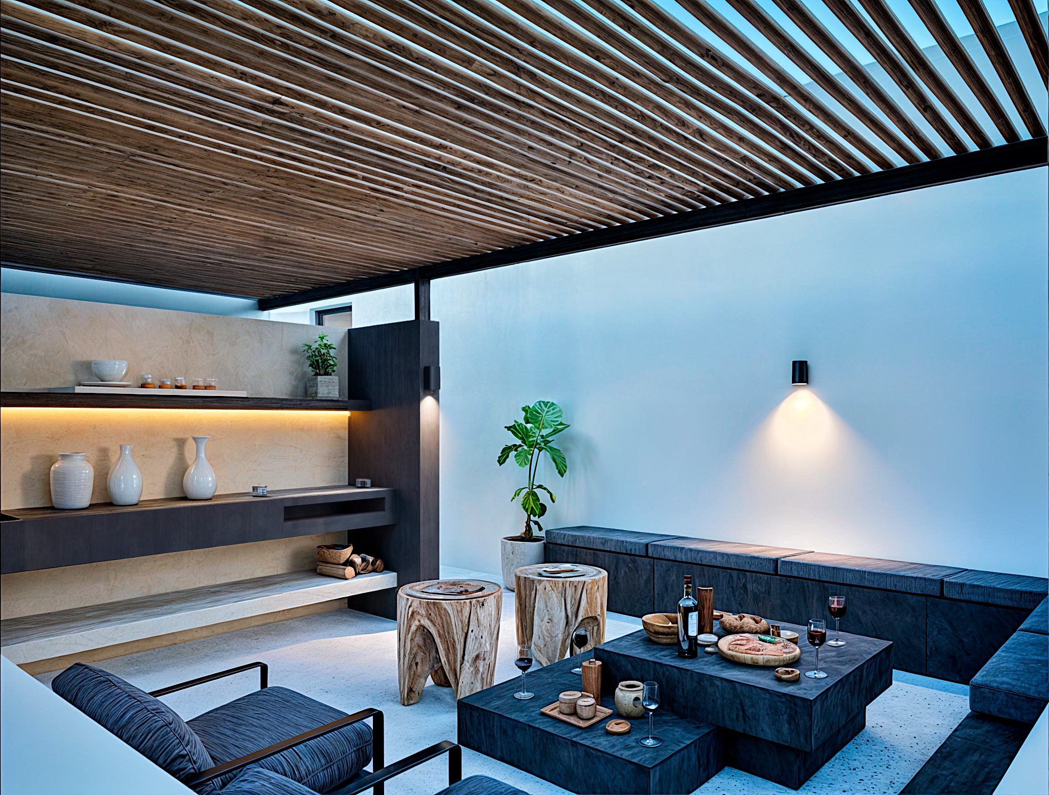 Rendering of the roof-garden lounge of Casa Tuux under a slatted timber pergola