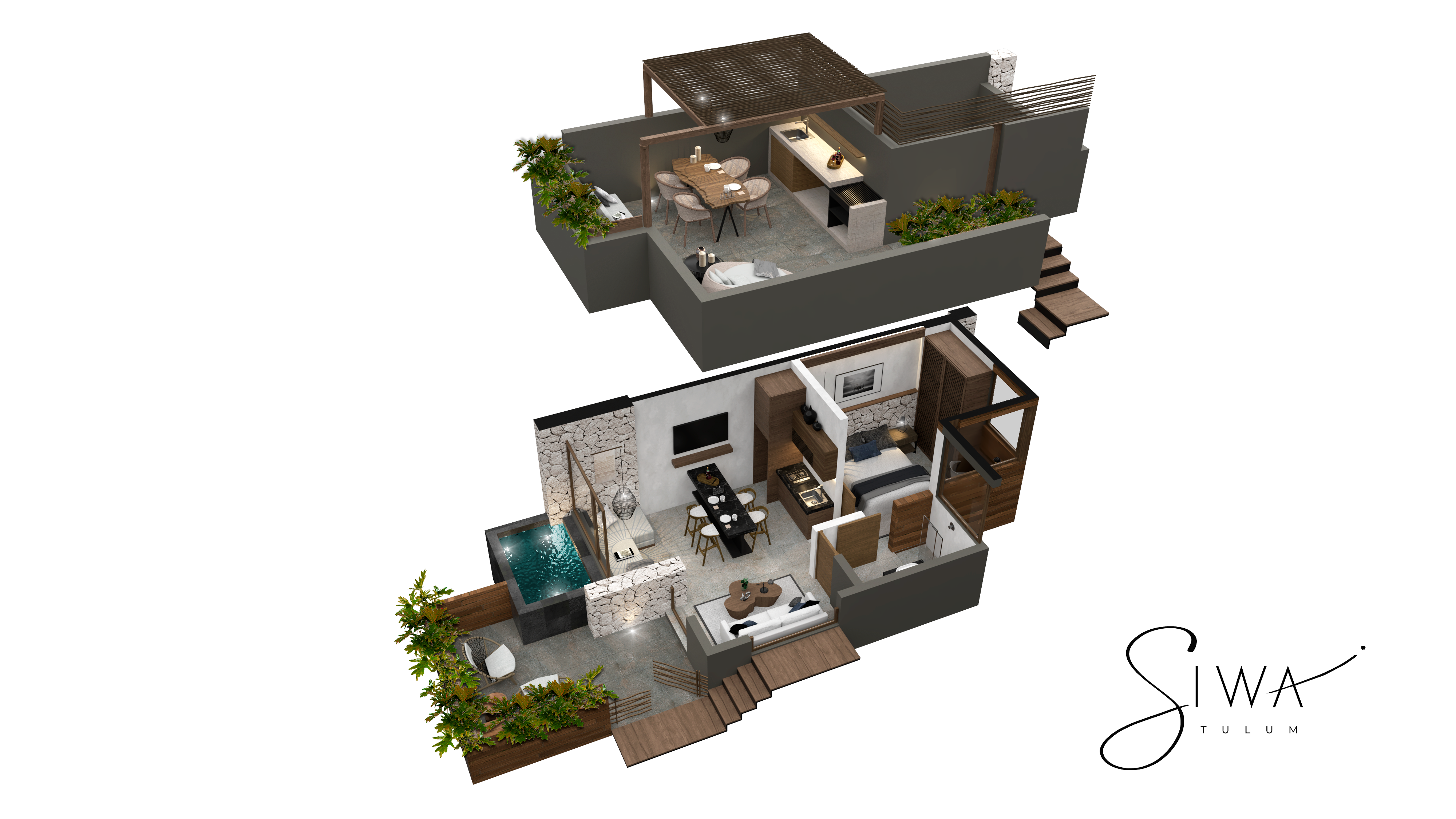 Developer's isometric rendering of the Jungle Plus + rooftop typology at Siwa Tulum