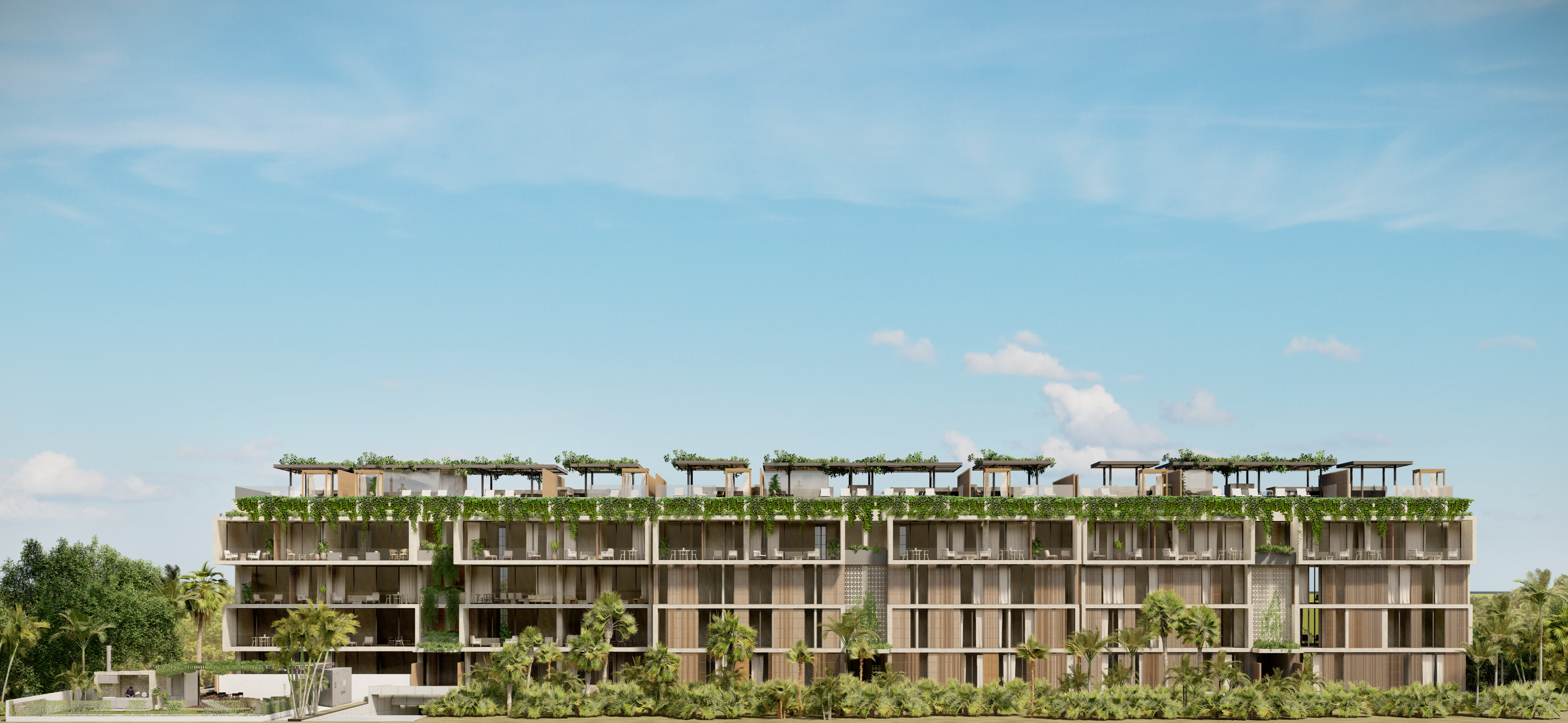 Rendering of the building facade with landscaping