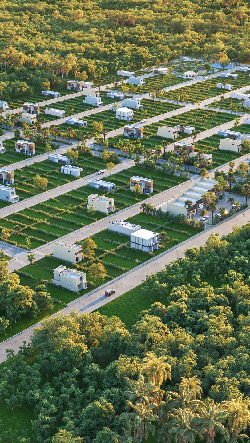 Developer's rendered aerial view of the finished Trébola Tulum master plan, not a photograph of the site as it stands today