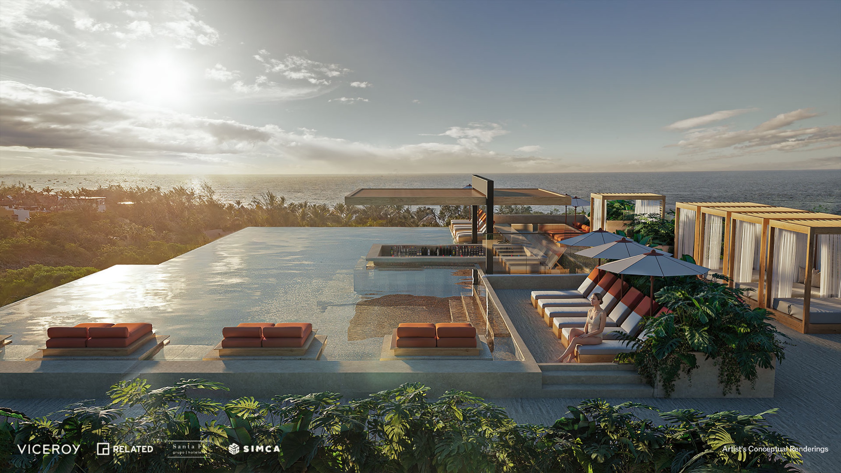 Rooftop infinity pools overlooking the Caribbean