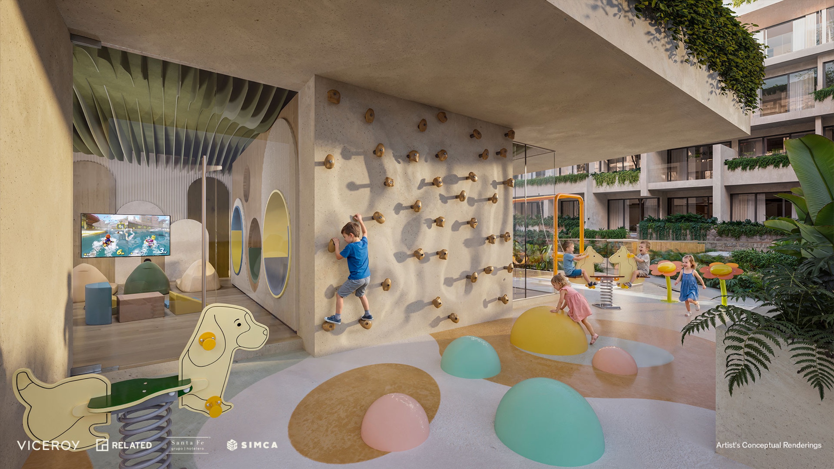Kids club climbing wall and play area