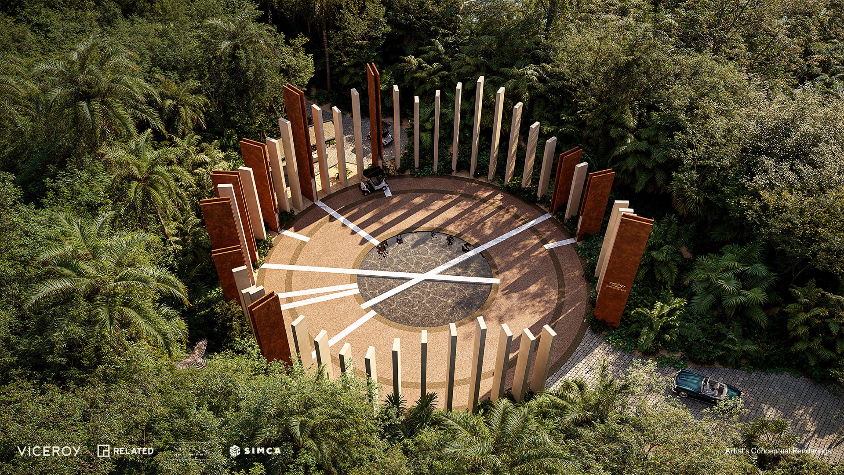 The Mayan sun clock at the main entrance, seen from above