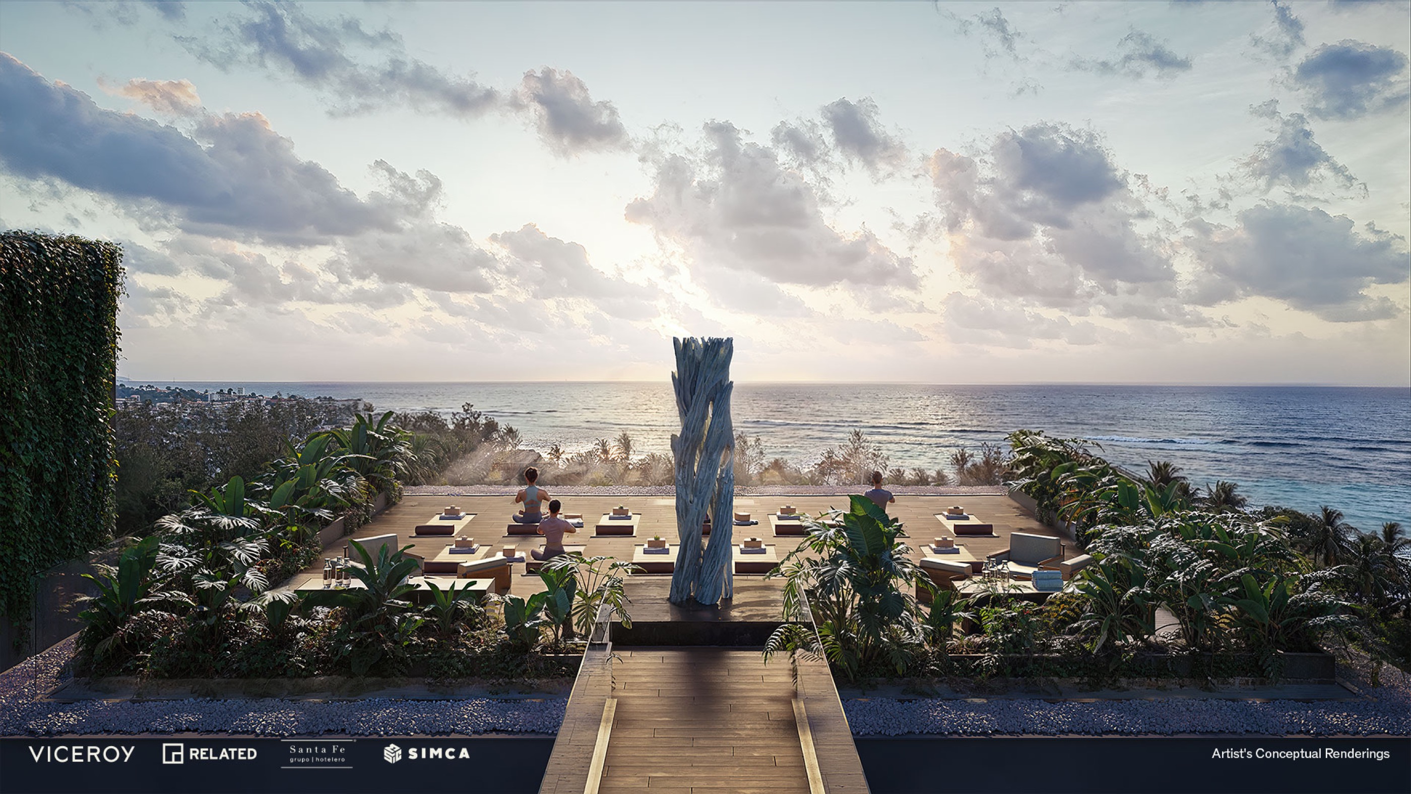 Beachfront deck with loungers at sunrise