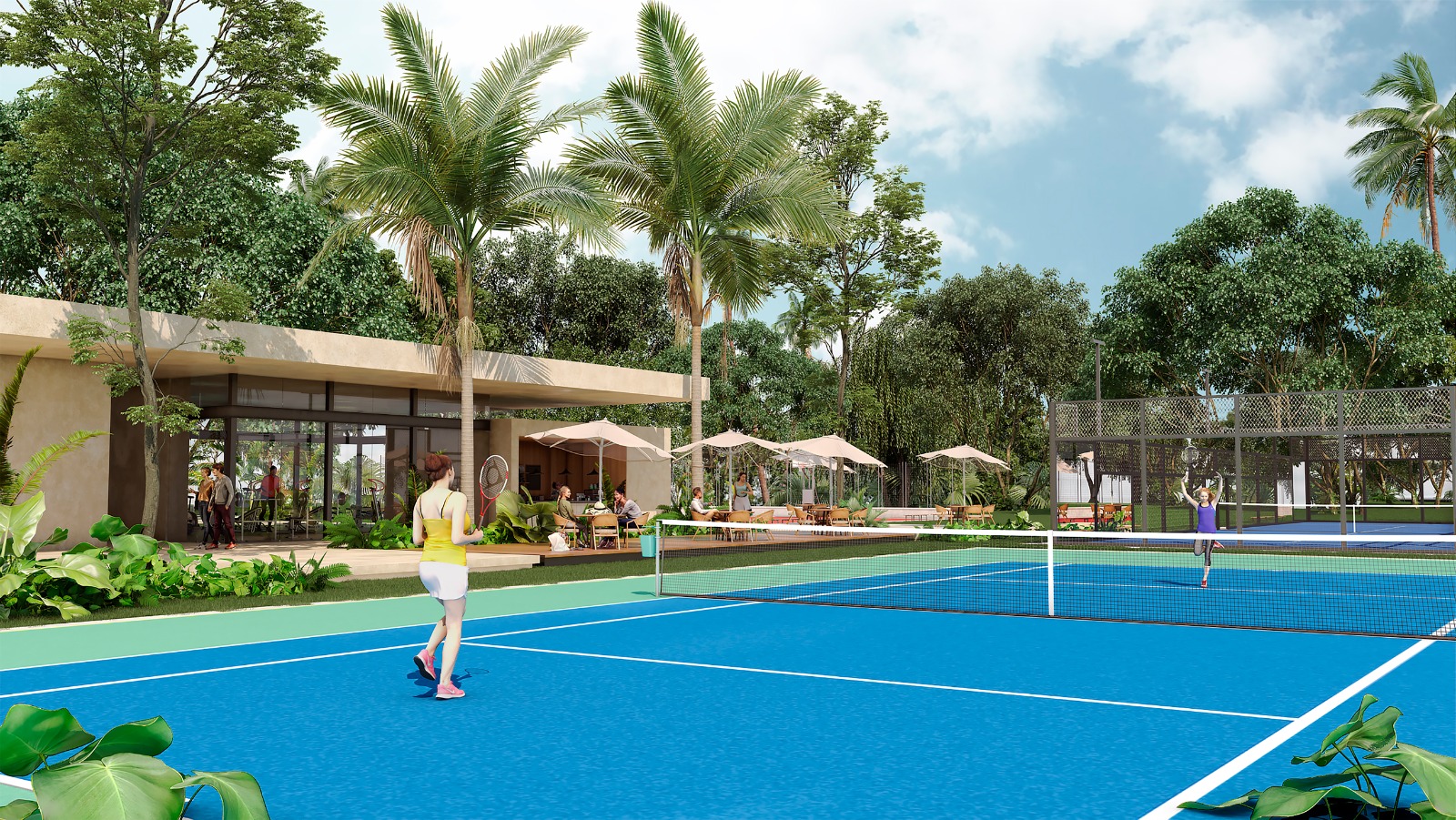 Developer rendering of the tennis courts and clubhouse at the sports club
