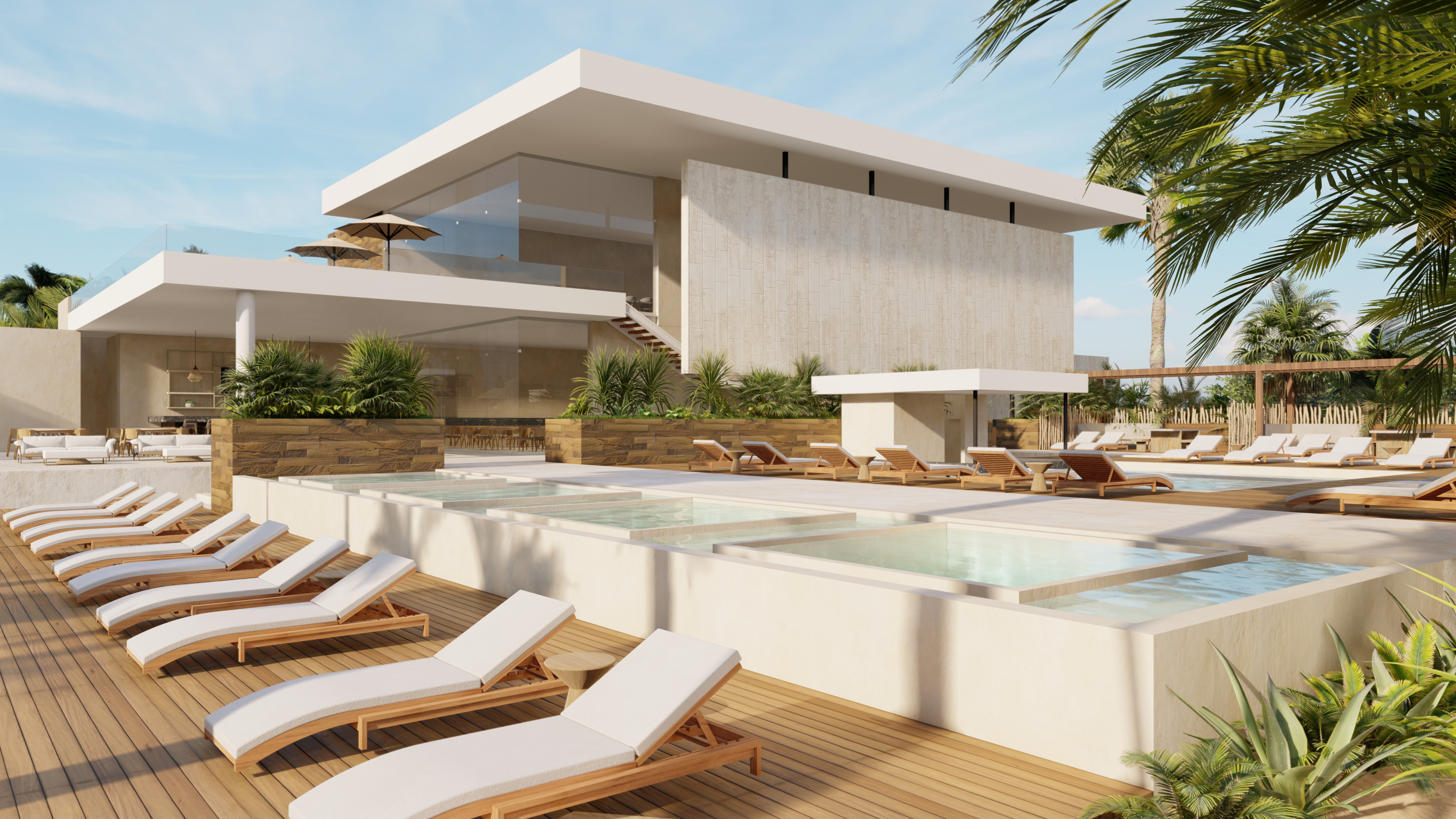 Developer rendering of the beach club pool deck facing the ocean