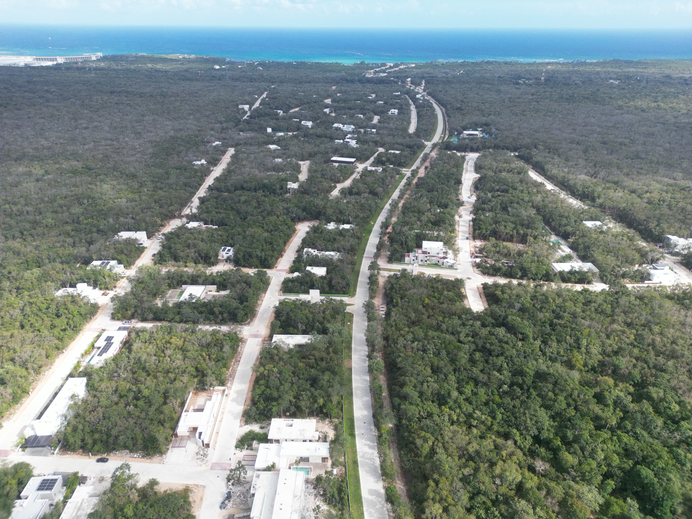 Aerial photograph of the access road running through the jungle toward the coast at Xpuha Beach Residential Resort