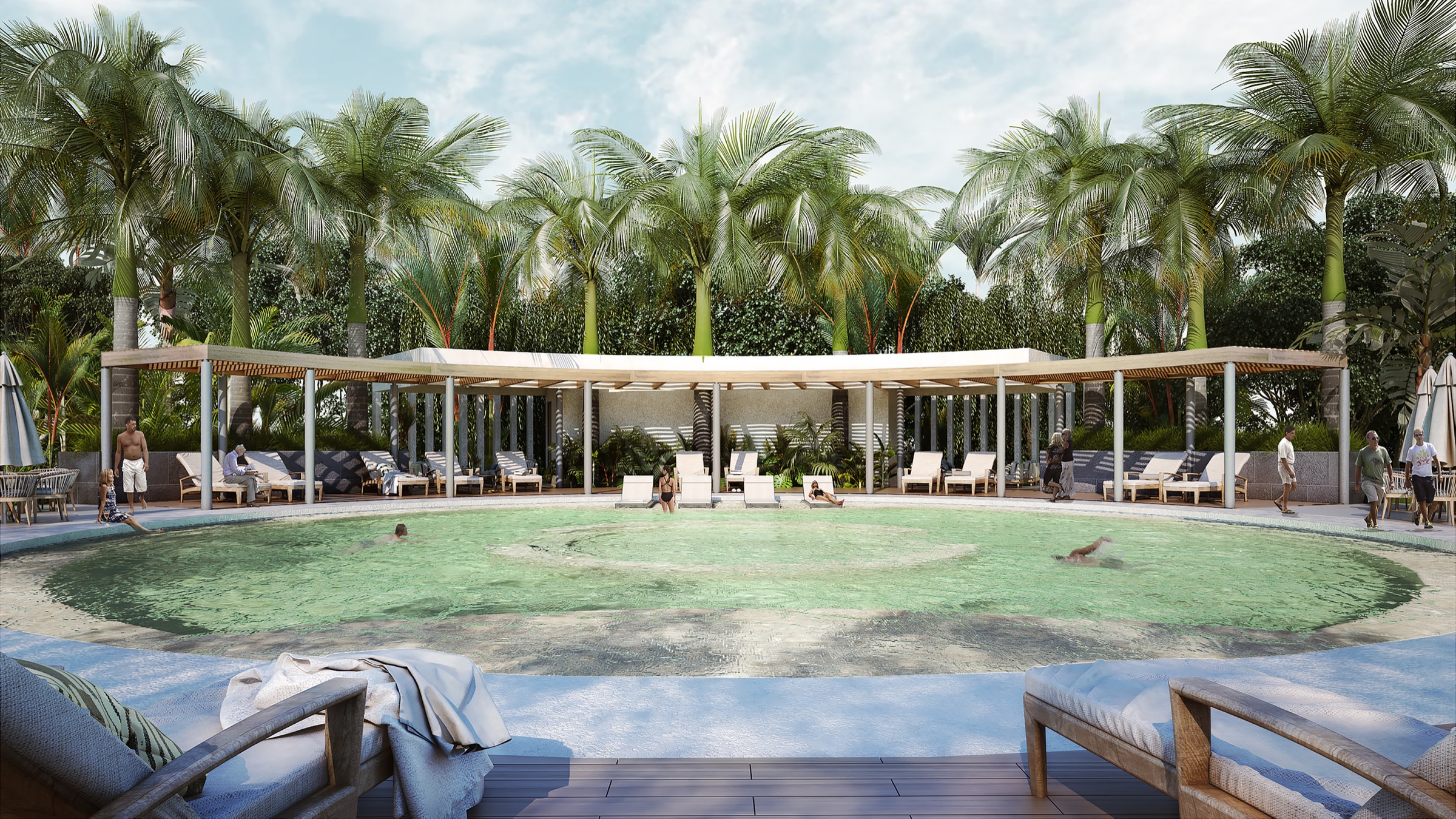 Developer rendering of a shared pool and shaded terrace planned for Selvamía