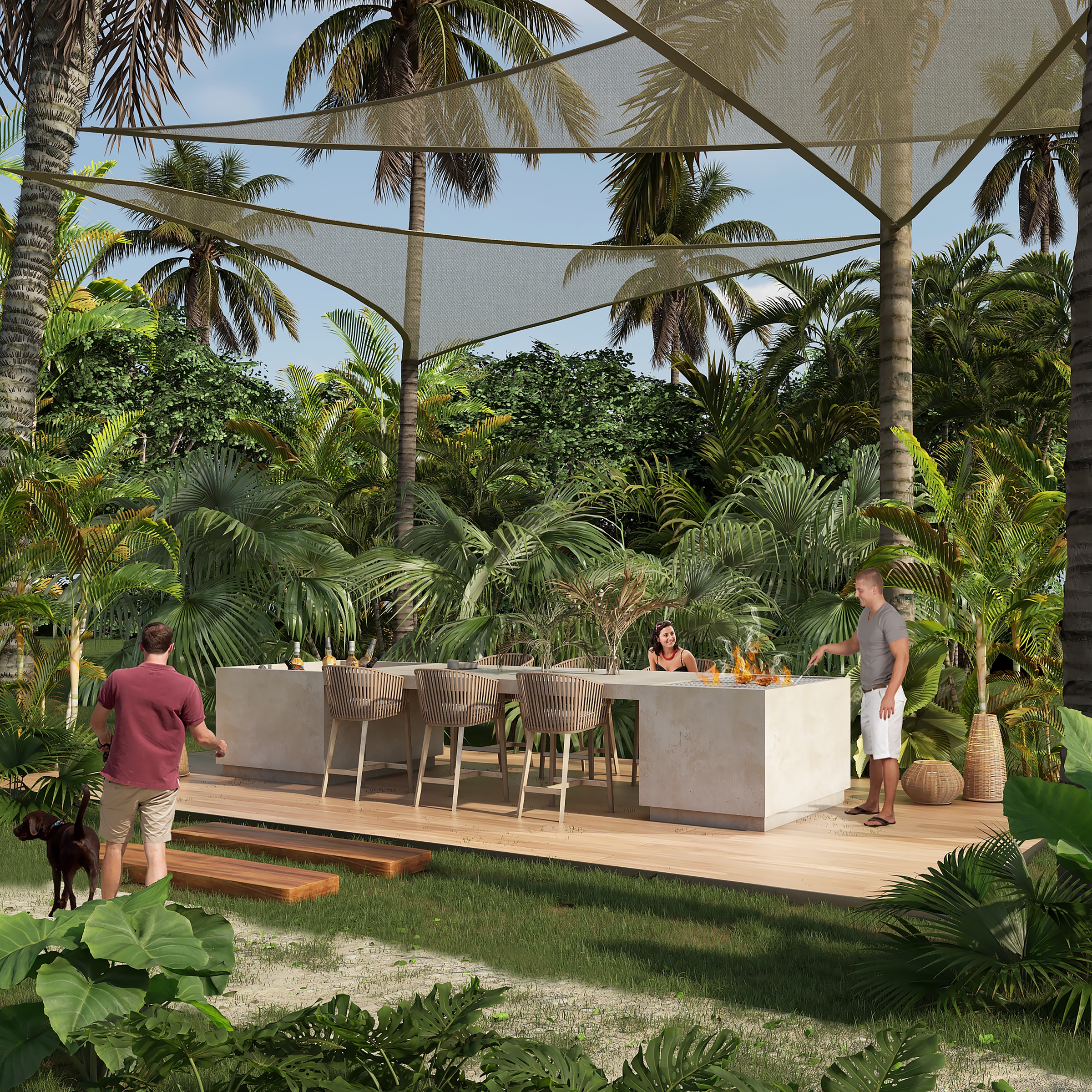 Developer rendering of an outdoor bar and dining deck planned among the trees
