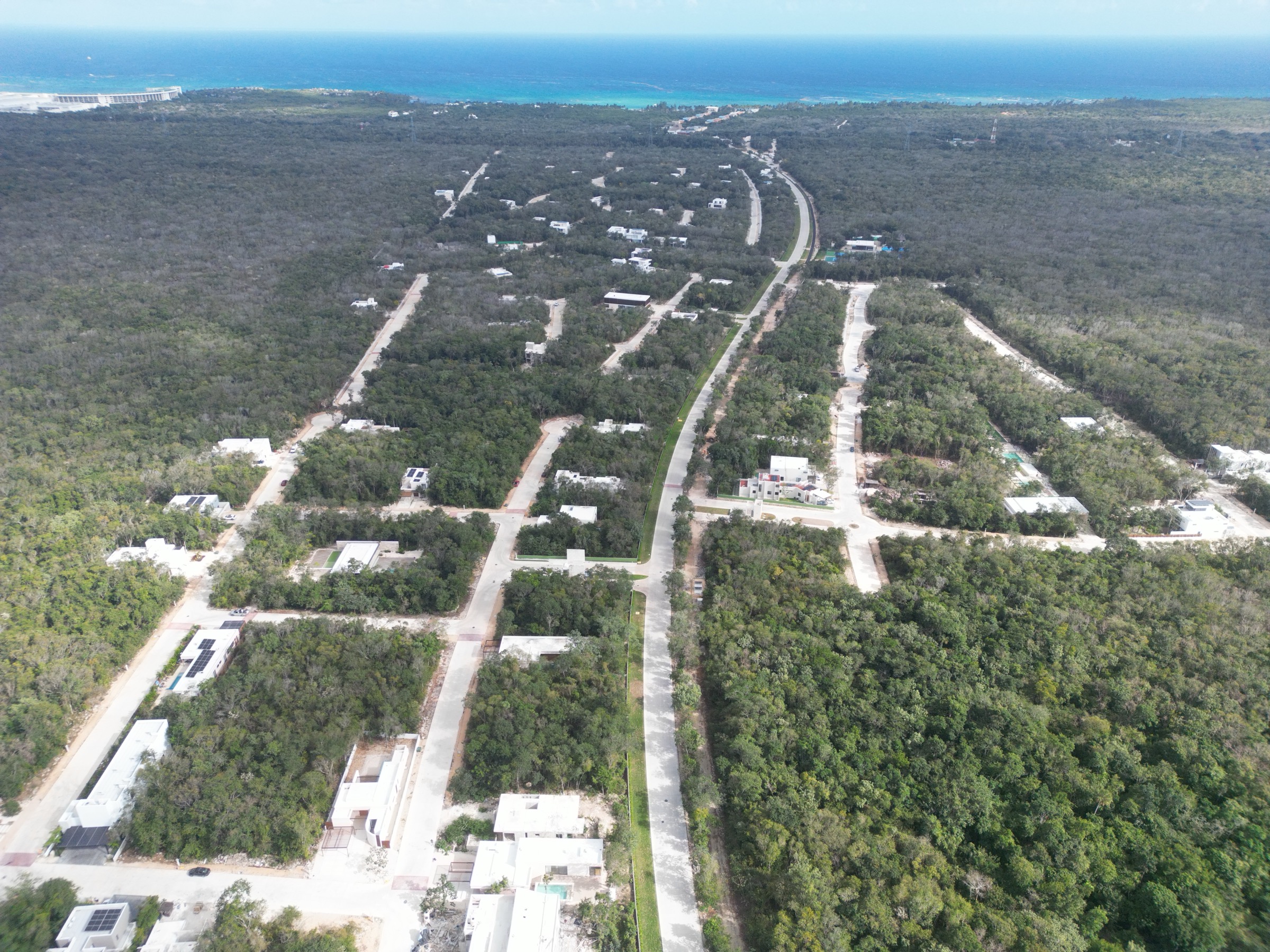 Aerial photograph of the access road running through dense jungle toward the coast at Xpuha Beach Residential Resort
