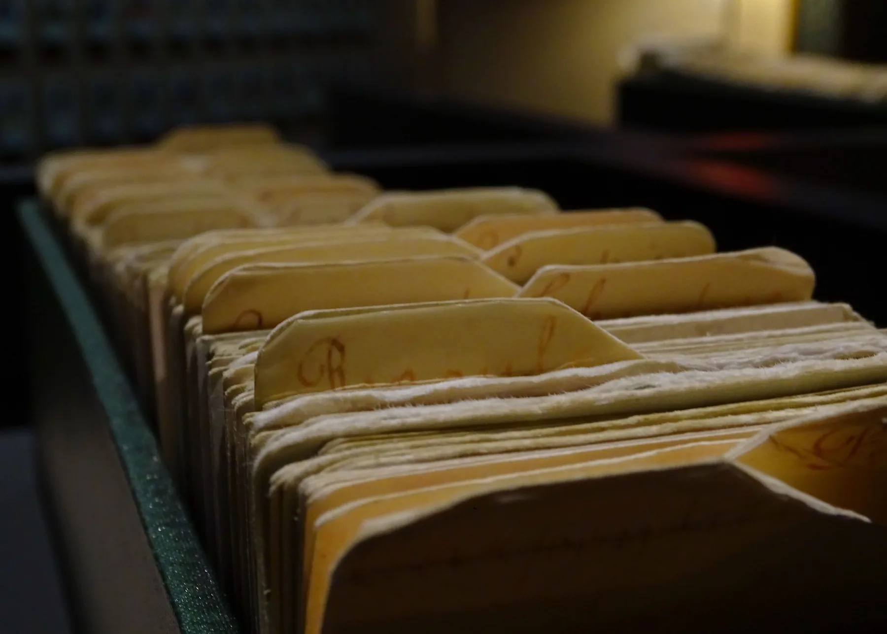 A run of physical case files stood upright in a cabinet, seen close, each one labelled