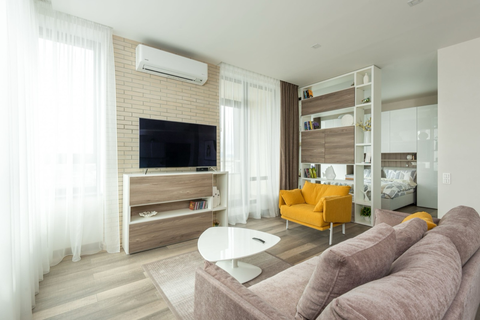 Studio apartment where sofa, shelf divider and bed share one space