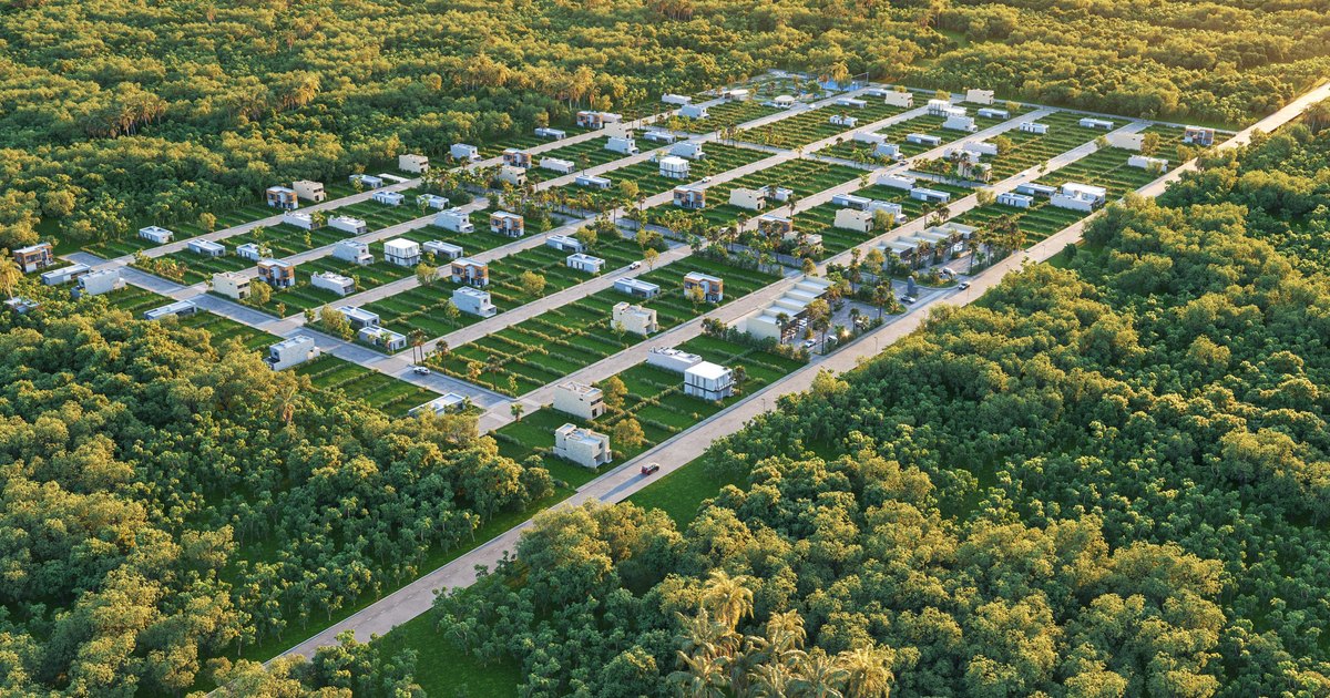 Developer's rendered aerial view of the finished Trébola Tulum master plan, not a photograph of the site as it stands today